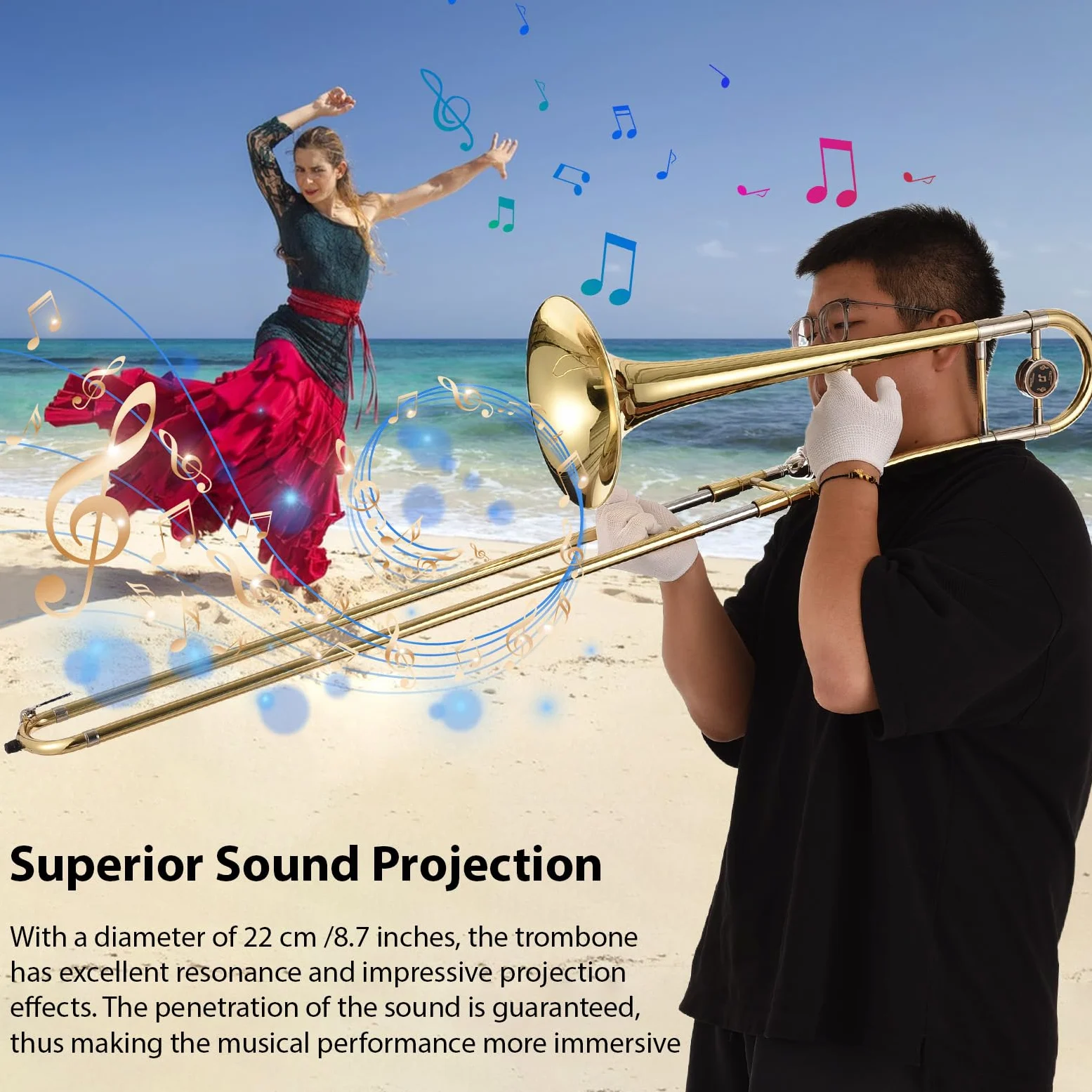 Trombone tenore in SIB per Principianti,Studenti,Strumento Trombone Placcato in Ottone,Trombone tenore a Coulisse in SIB con bocchino,Custodia per Il Trasporto,Guanti Bianchi,Panno per la