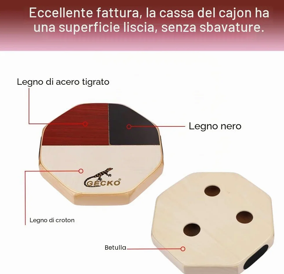 GECKO Cajon, Tamburo portatile con borsa portaoggetti, strumento a percussione originale, bong e rullante, garanzia di 2 anni (nuovo modello)