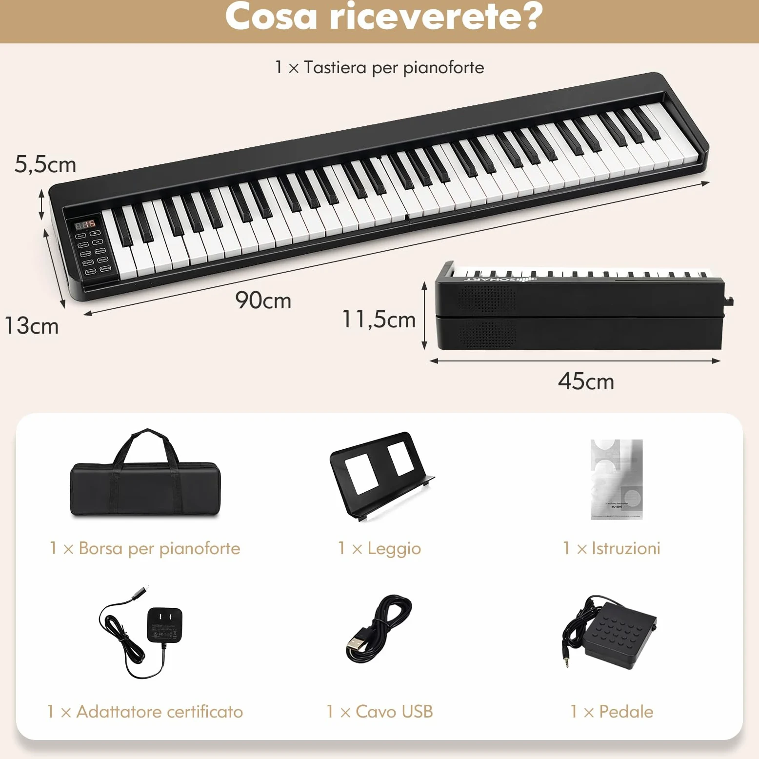 RELAX4LIFE Tastiera Pianoforte Digitale 61 Tasti, Pieghevole Portatile con Custodia, Bluetooth MIDI/Audio, Tasti Sensibili, Batteria 1750mAh, per Principianti Bambini Adulti