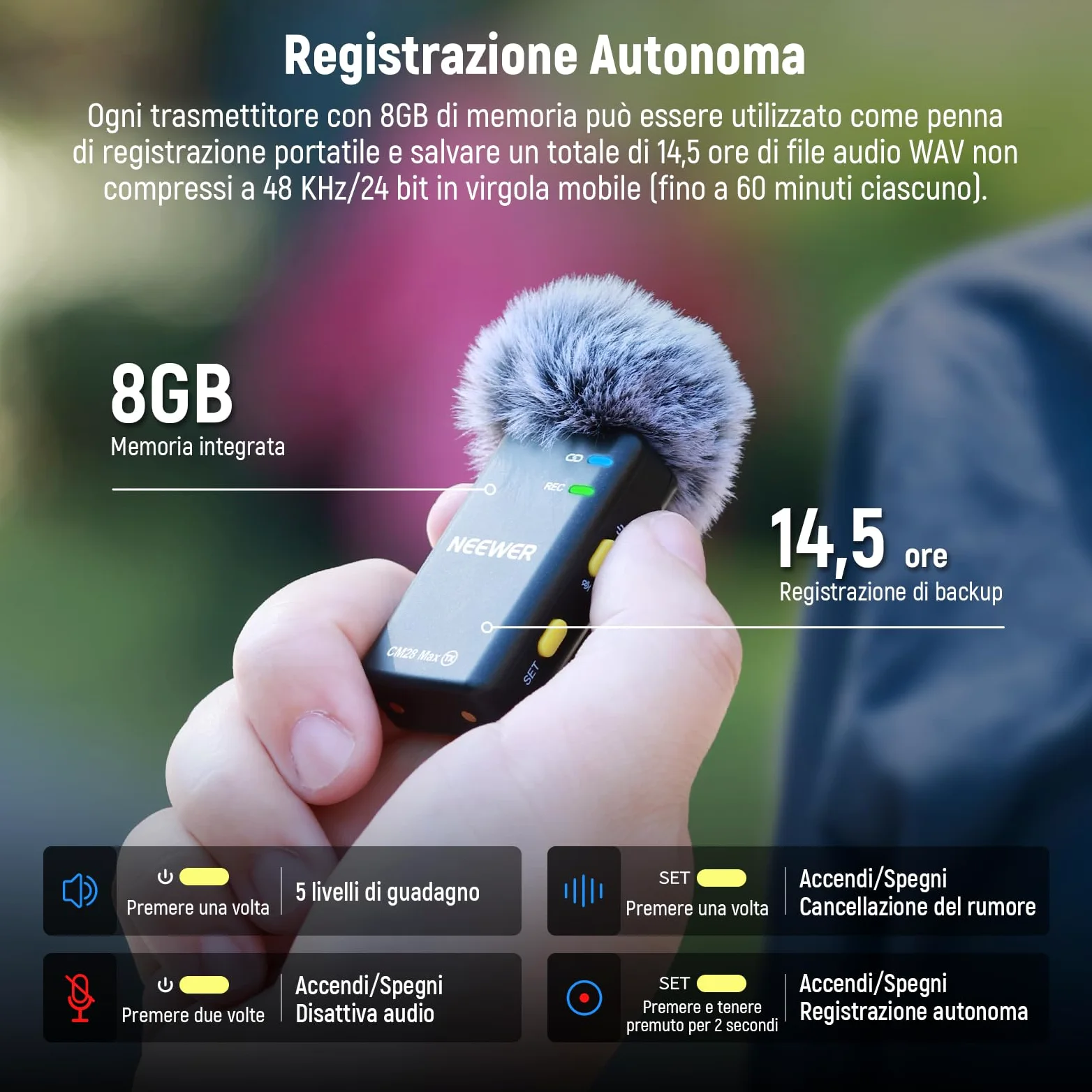 NEEWER CM28 Max Microfono Lavalier Wireless a Bavero con Custodia di Ricarica, Non Compresso 48KHz 24Bit 8GB, 25H di Registrazione Video, Anti Rumore, Mini Mic per iPhone iPad Android Fotocamera PC