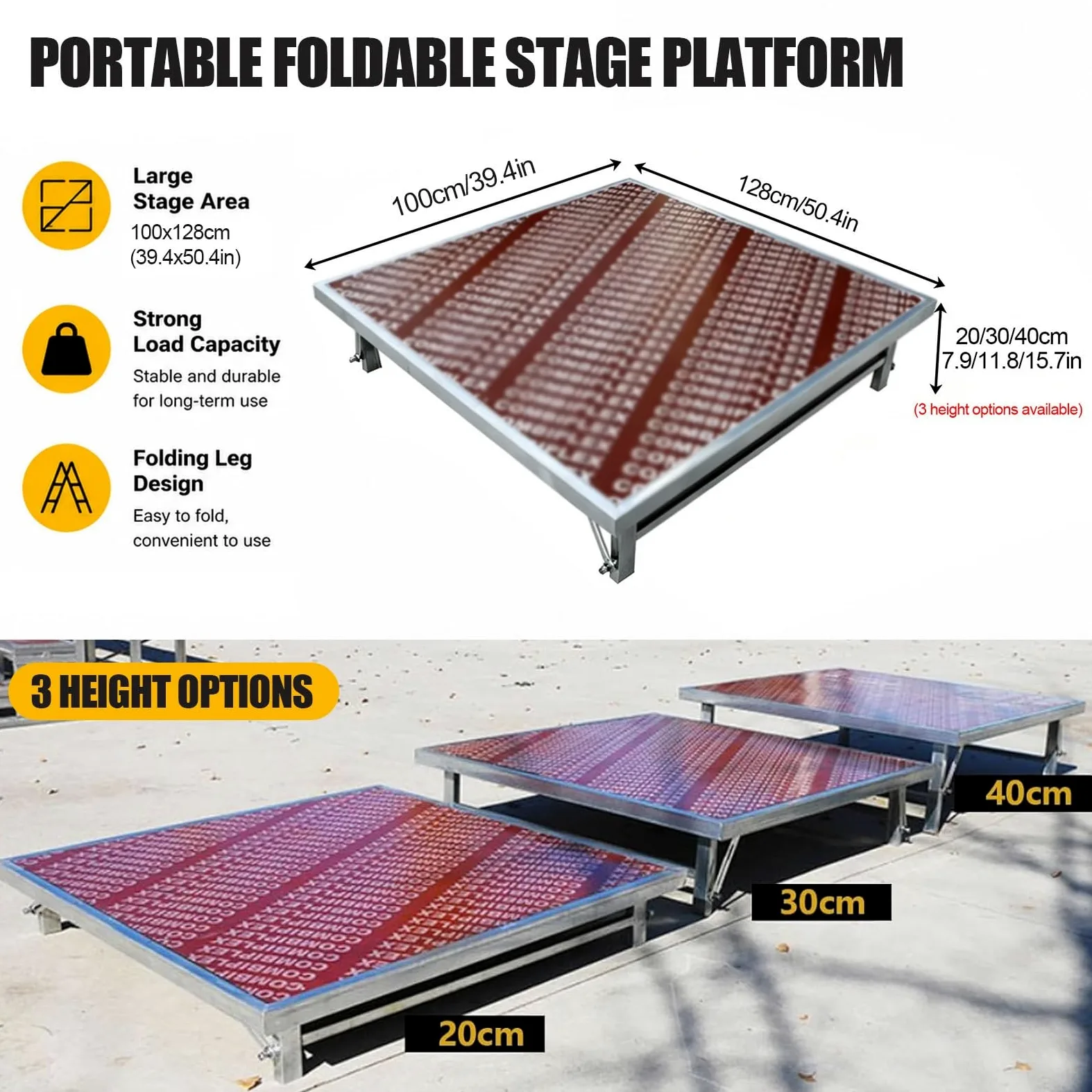 Palco pieghevole e portatile, portata 500 kg, gambe pieghevoli, design modulare per concerti, DJ, feste ed eventi(100x128x30cm/39.4x50.4x11.8in)