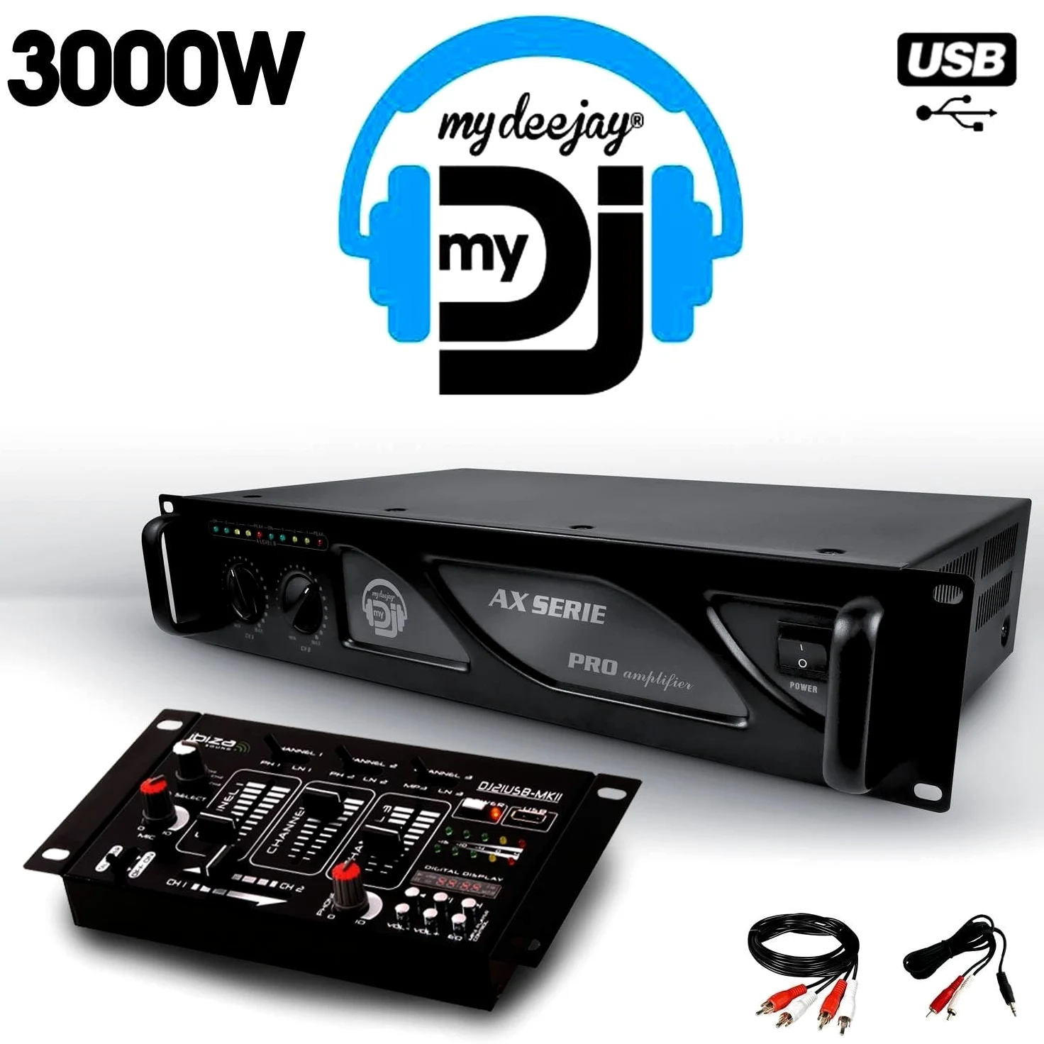 Set DJ audio BM Bmsonic PA Altoparlanti 2 x 15"/38 cm 4000 W bassreflex + amplificatore 3000 W con mixer Ibiza + cavi
