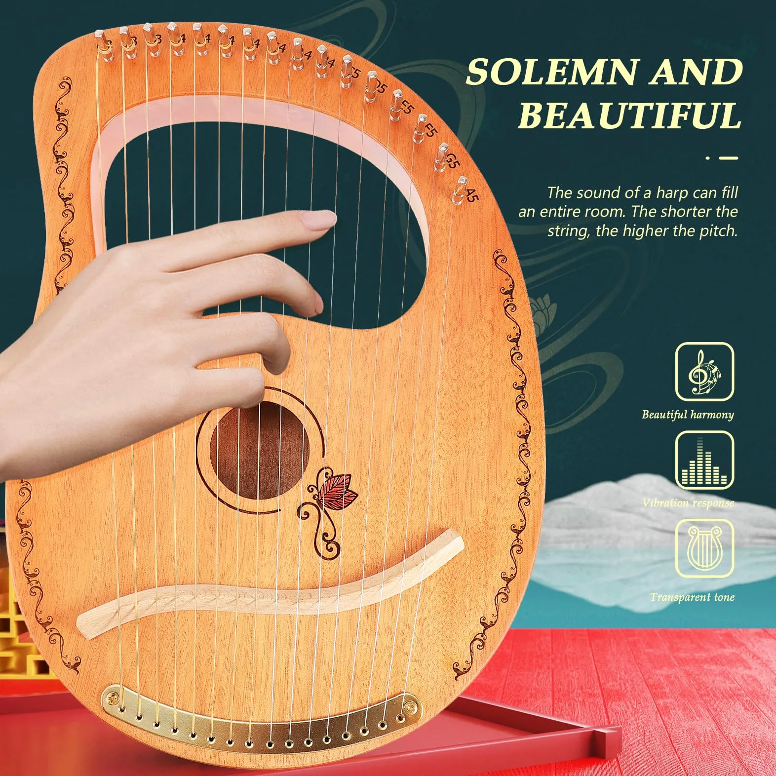 VICASKY Arpa Lira a 16 Corde in Legno, Strumento Musicale Corde Arrotondate per Suonare, Regalo di Natale per Amici e Appassionati di Musica