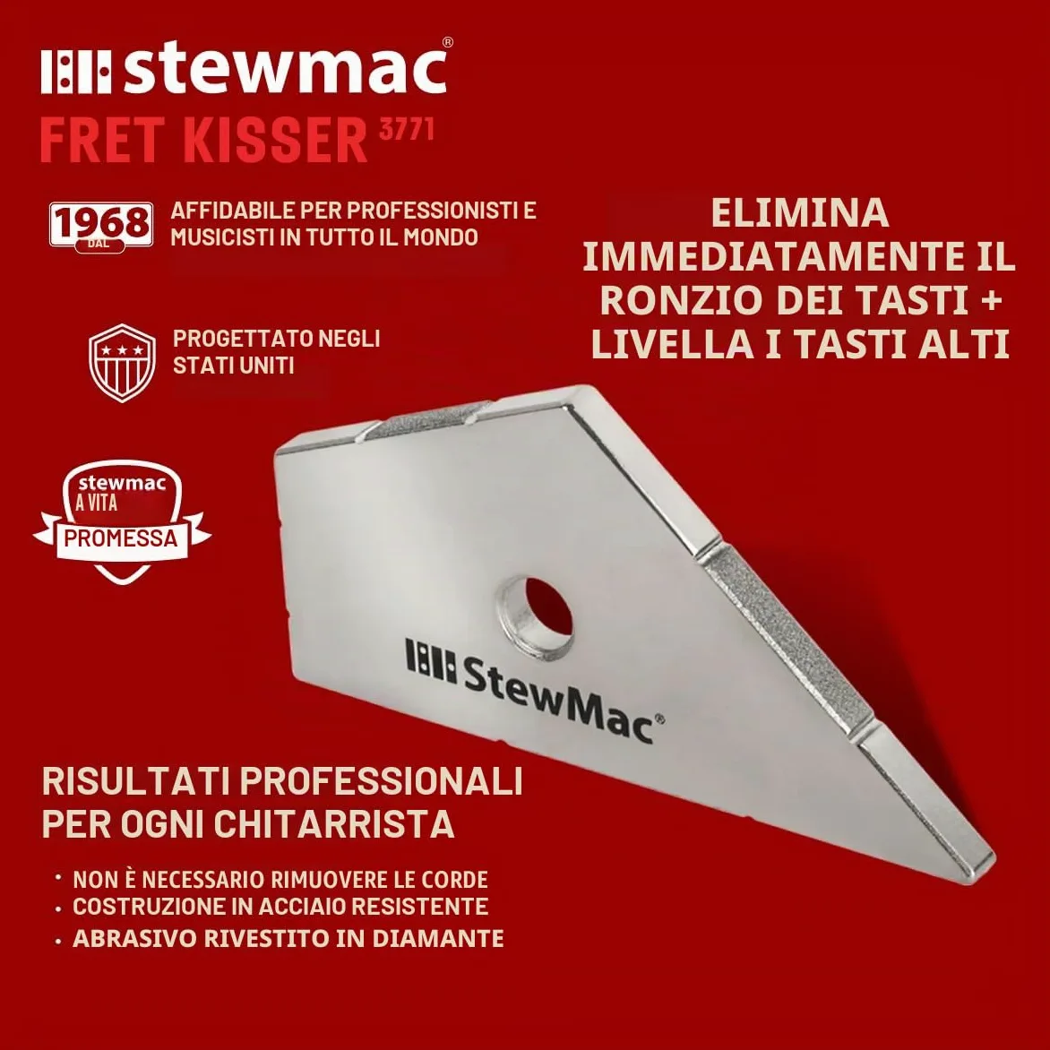 StewMac Fret Kisser, livellatore di precisione per singoli tasti | Rimuove solo il punto alto sotto la corda senza toccare i tasti vicini, eliminando ronzii localizzati e irregolarità.
