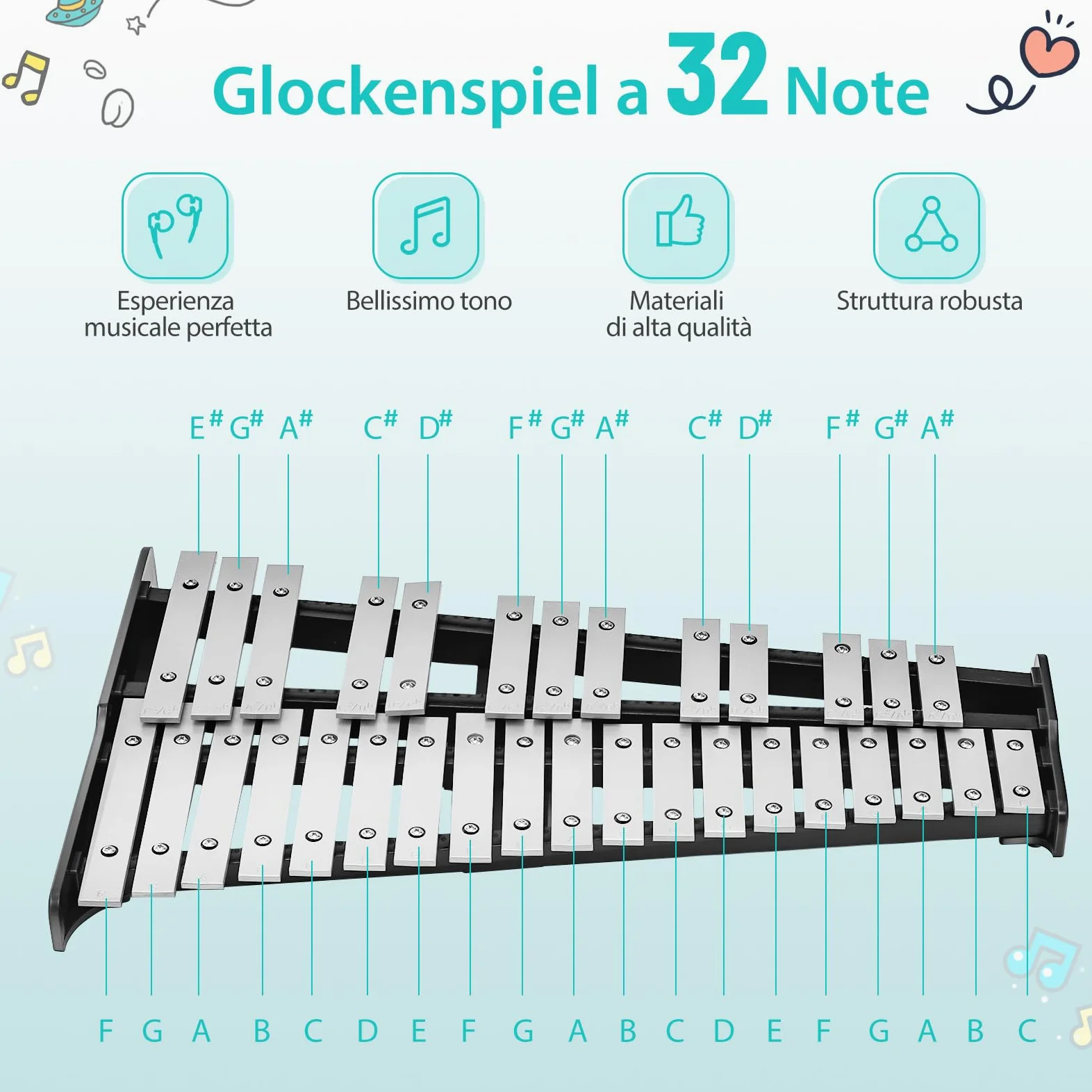GYMAX Glockenspiel Professionale, Xilofono Pieghevole da 32 Note in Alluminio per Bambini, con Supporto Regolabile, Leggio, Bacchette in Legno, Custodia Trasportabile, Tamburo da Allenamento