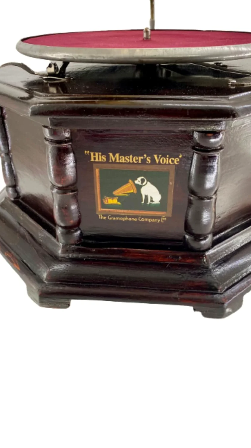Grammofono con tromba in ottone HIS MASTER'S VOICE riproduzione ottagonale in legno artigianato Made in Italy