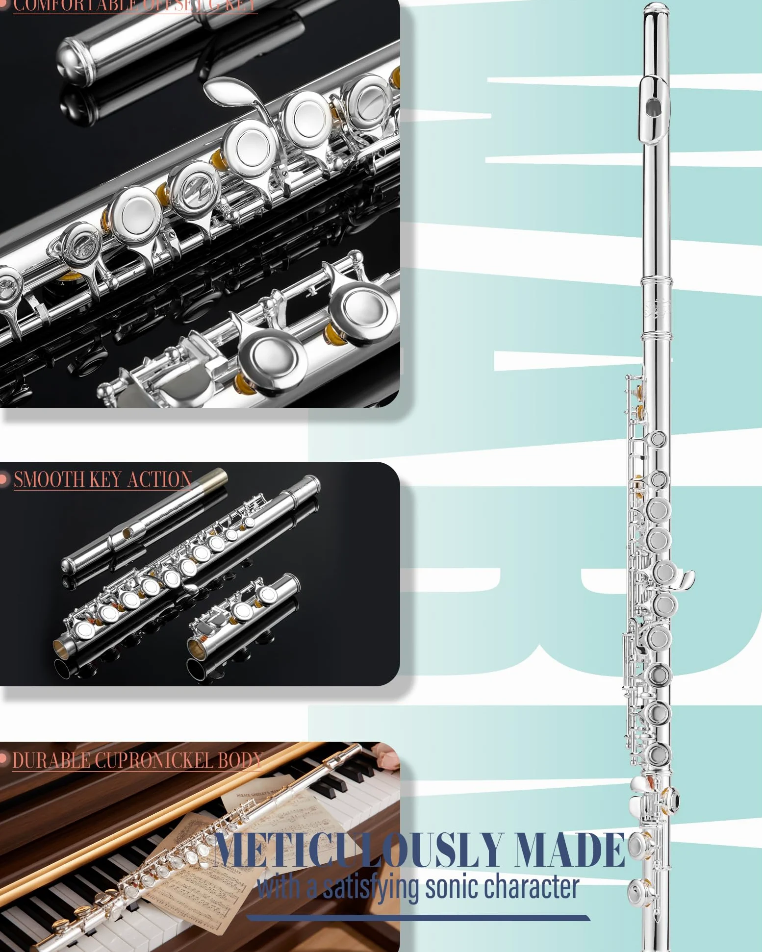 AKLOT Flauto da concerto in Do a foro chiuso: strumento flauto con 16 tasti, offset G, tasti lisci placcati argento, cuscinetti ermetici, include elegante custodia rigida in pelle, kit di pulizia