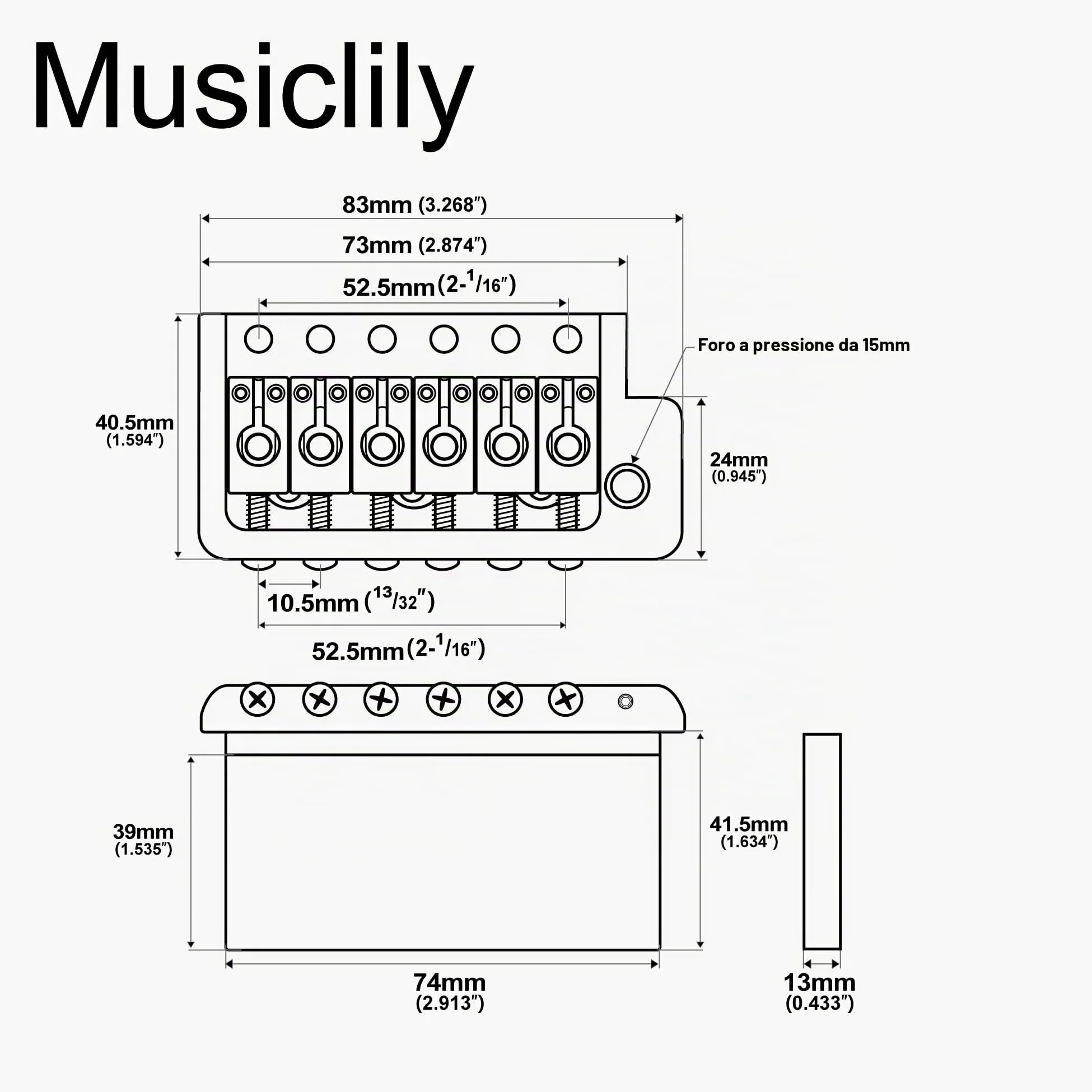 Musiclily Ultra 52,5 mm Solido Ottone Stile Ponte Tremolo 6 Viti Knife Edge per Chitarra Elettrica Tipo Strat, Hybrid