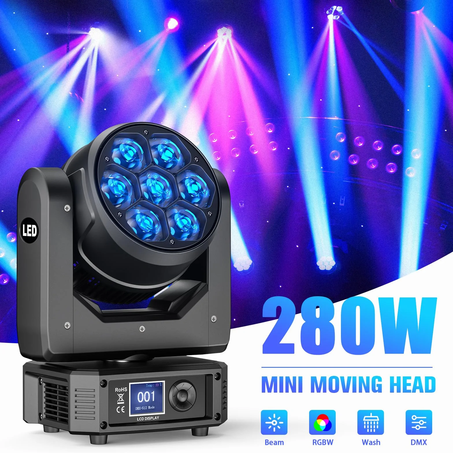 Teste Mobili 7X40W Luci RGBW Beam Funzione Zoom Effetto Luci Discoteca DMX 23CH/35CH/51CH per Natale Feste Concerti Club