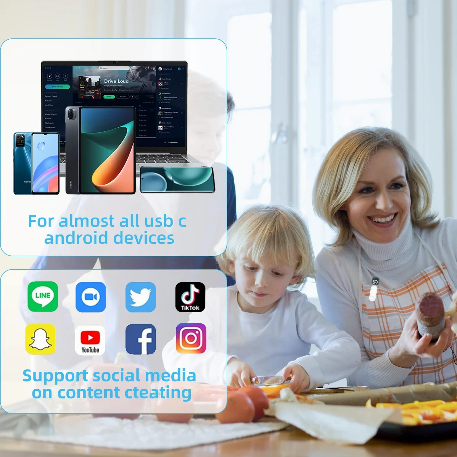Lavalier - Microfono wireless per USB C Android, Plug & Play, microfono per Live Streaming YouTube, conferenze, automatico, con cuffie (1 to 1)