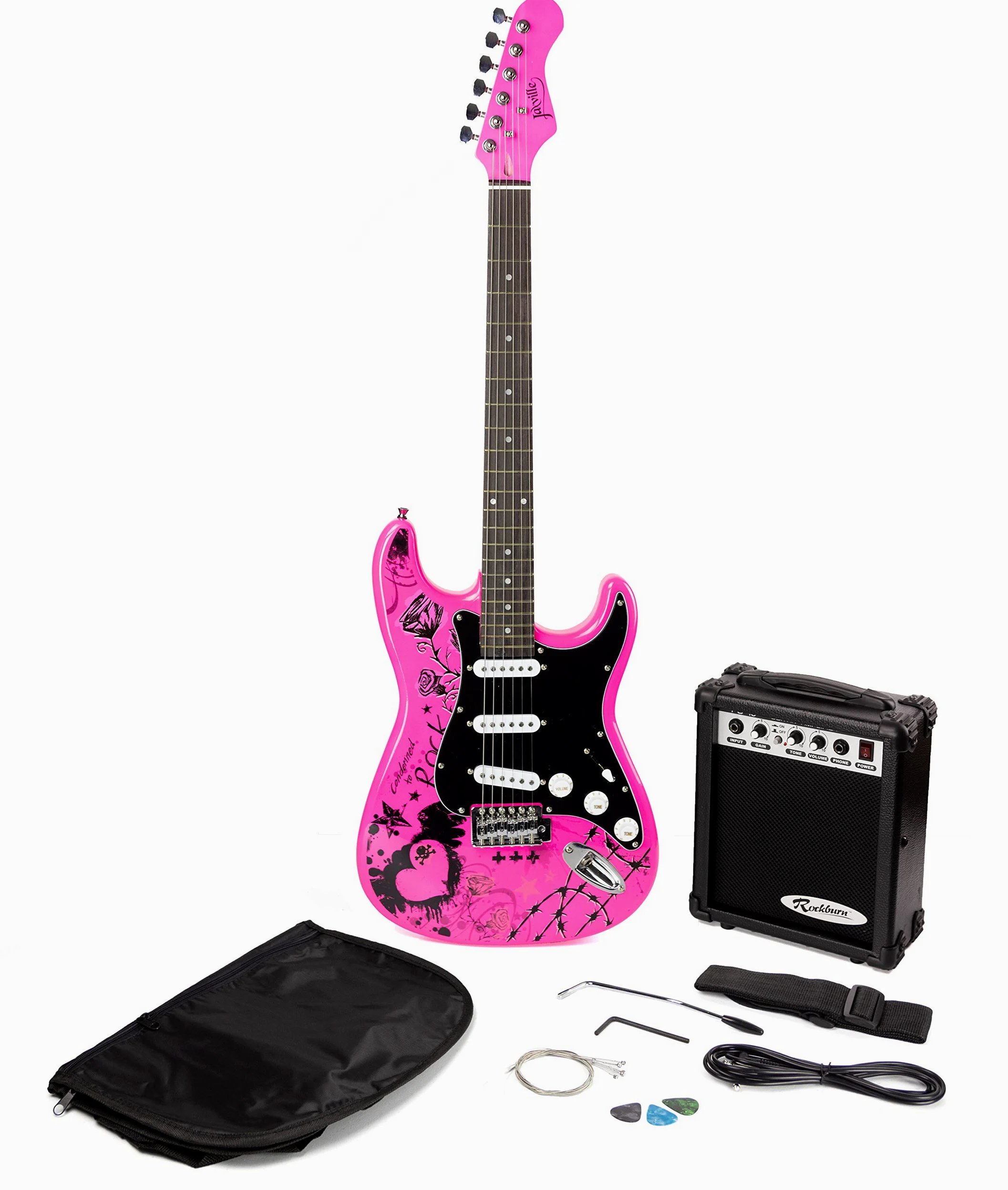 Jaxville St1-PP-PK Pink Punk St Style Style Guitar Guitar Confezione con amplificatore per chitarra Guitar Bag Guitar Strings Guitar Strap Guitar Lead And Guitar Plectrums