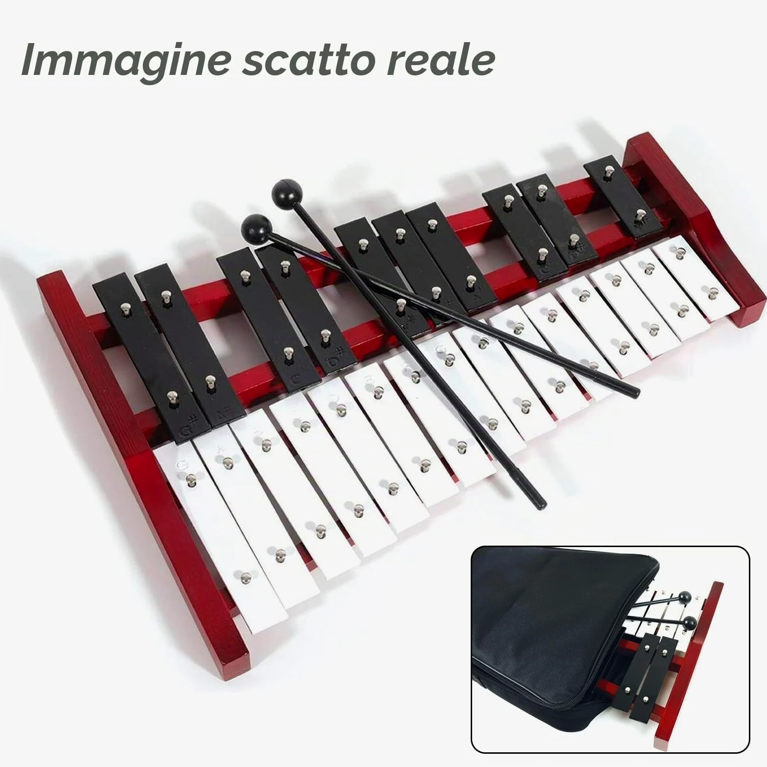 25 Note Di Carillon Xilofono, con Tasti In Metallo E Base In Legno, Percussioni A Mano, con 2 Bacchette, Portatile, Strumento A Percussione, Strumento Musicale Per Ragazzi E Adulti