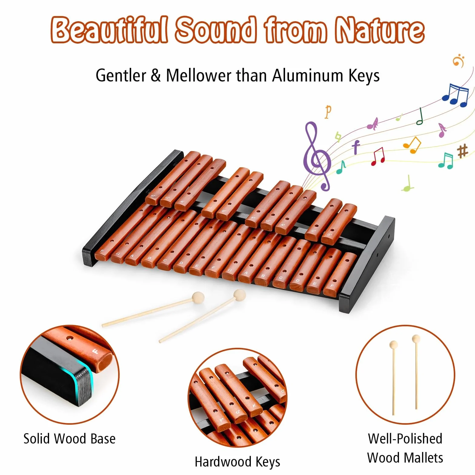 KOMFOTTEU Xilofono con 25 Note Scritte, Glockenspiel in Legno di Pino con 2 Mazzuoli, Strumento Musicale a Percussione a Mano con Borsa per il Trasporto, Metallofono Scuola Media per Bambini, Adulti