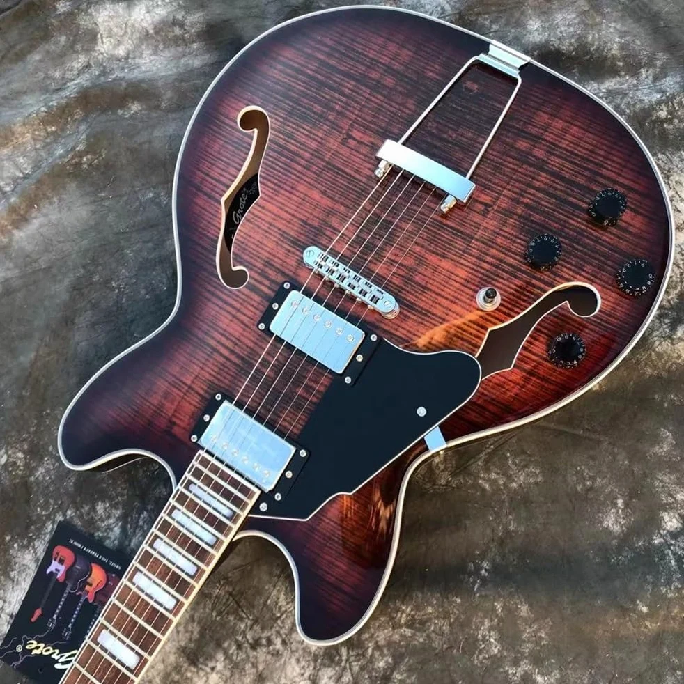 Chitarre elettriche Jazz Lefty classiche personalizzate Chitarra elettrica personalizzata for mancini con foro F a corpo cavo