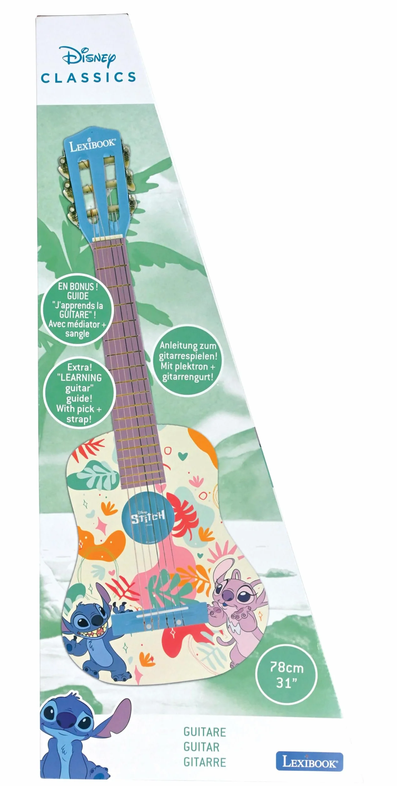 Lexibook, Disney Stitch, La mia prima chitarra acustica in legno, 6 corde in nylon, 78 cm (30), Guida all’apprendimento, plettro e tracolla inclusi, Blu, K2000DLXB