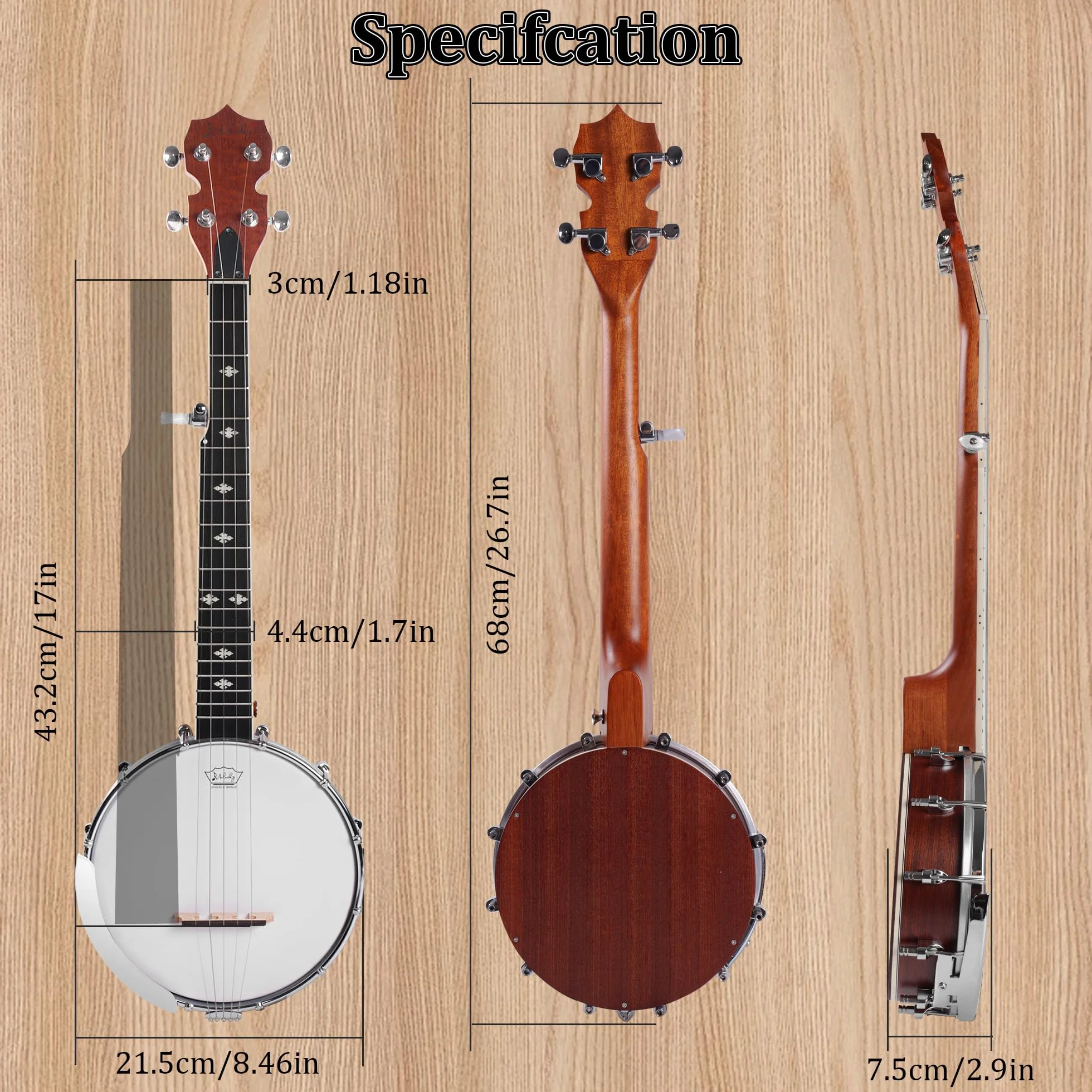 Mulucky Mini banjo a 5 corde, 66 cm, da viaggio, con corpo chiuso e solido posteriore, kit per principianti, con custodia, plettri, tracolla, B807