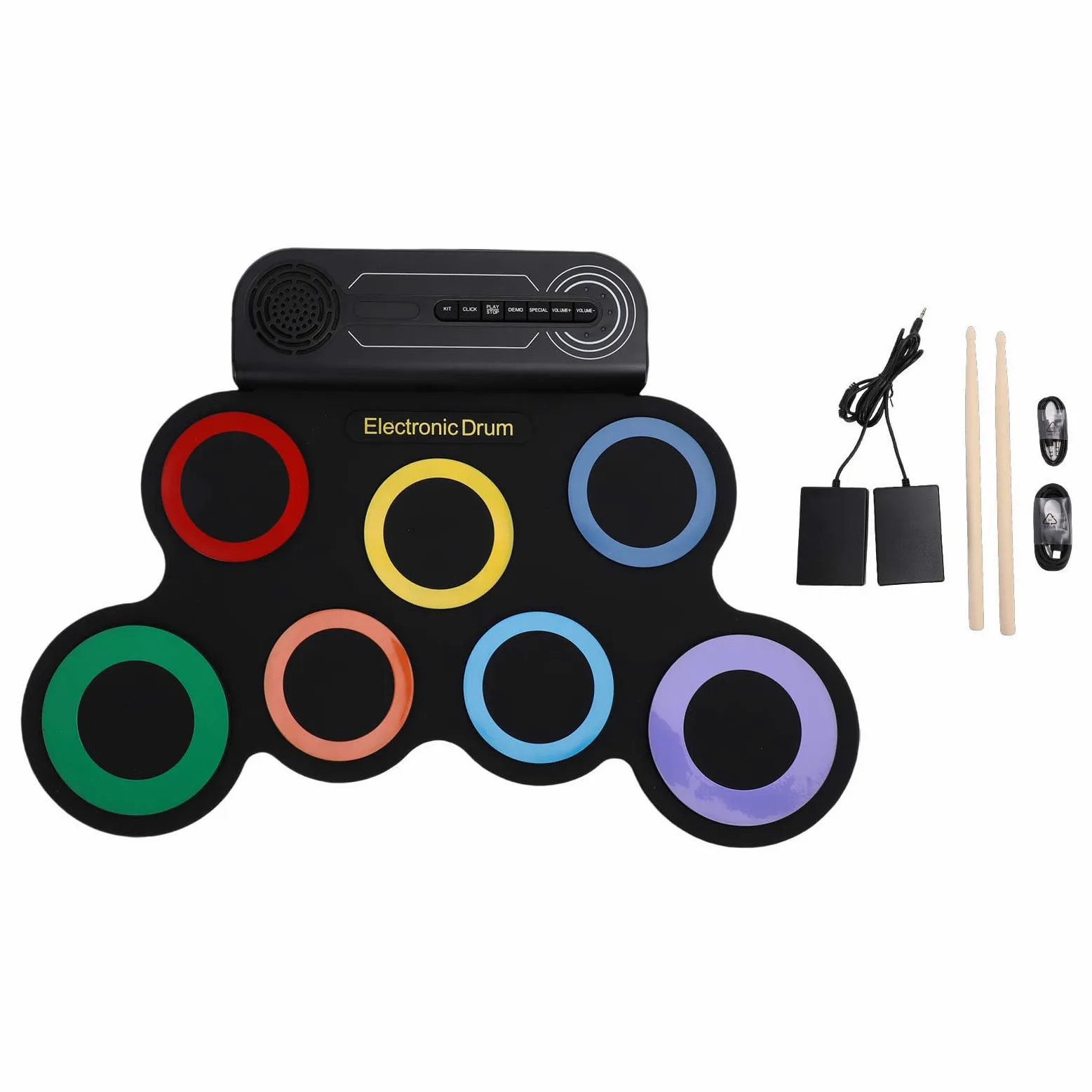 Alomejor Set di Batteria Elettronica Arrotolabile, Pad per Batteria con Altoparlante Stereo Integrato con 7 Pad, 2 Pedali, Ricaricabile per Esercitazione dei Bambini