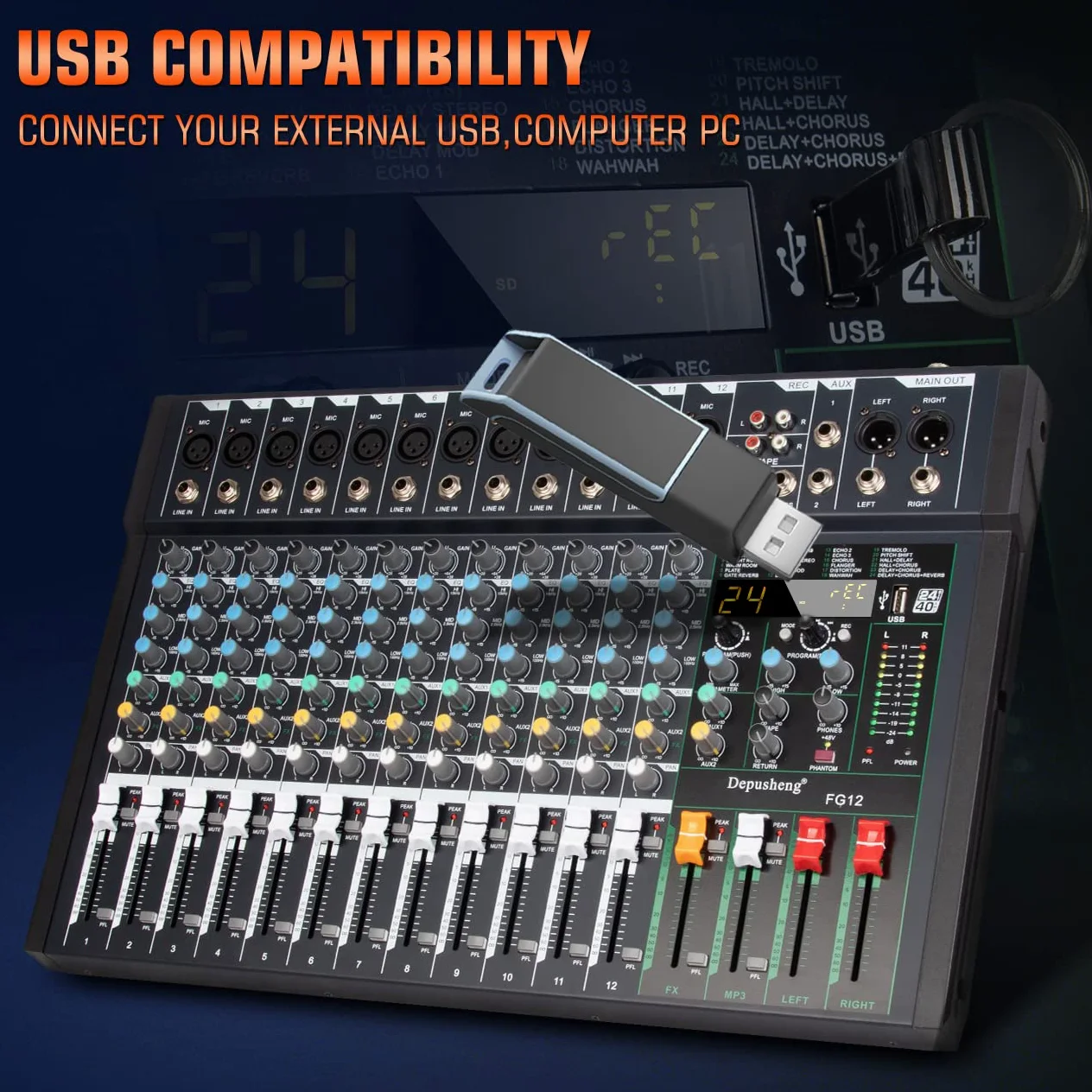 Depusheng FG12 - Mixer audio professionale a 12 canali per la registrazione del computer, interfaccia controller audio, mixer da studio 24 DSP integrato con alimentazione phantom da 48 V,Bluetooth