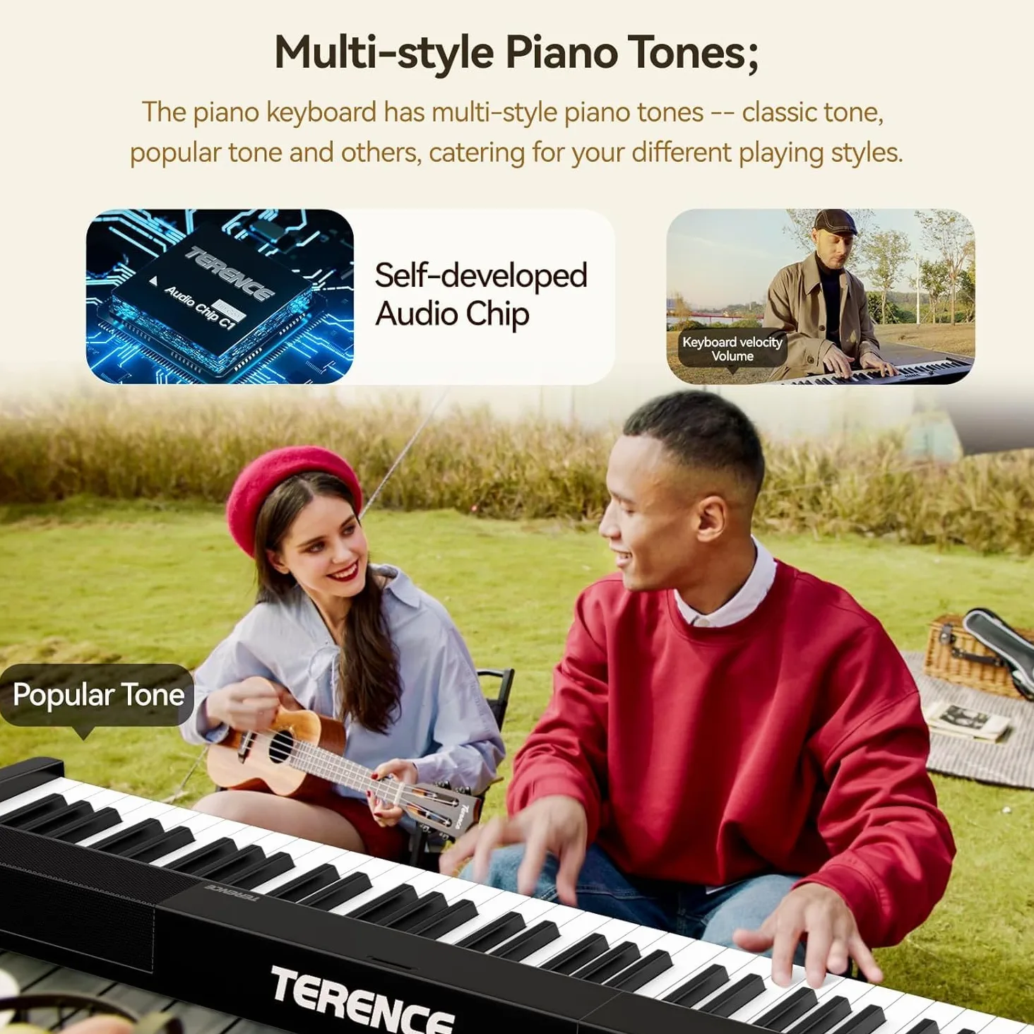 TERENCE Pieghevole Pianoforte Digitale 88 Tasti semi-pesati con batteria da 1800 mAh Altoparlanti 2x5W Bluetooth interfaccia MIDI supporto per spartiti Borsa adesiva Cavo audio con Pedale di sostegno
