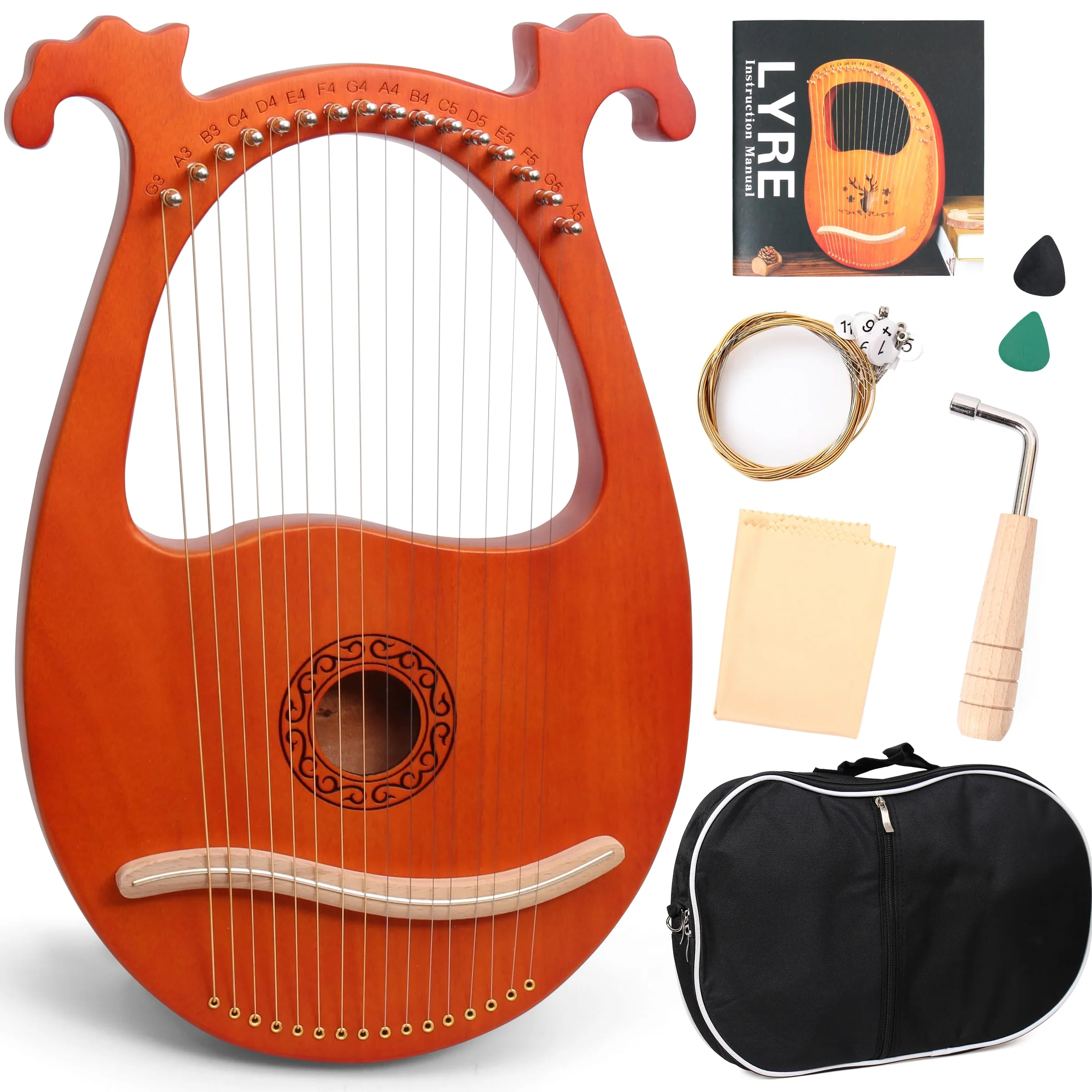 Arpa Lira 16 Corde In Mogano Arpa Piccola Strumento Musicale Lyres Lyre Harp Con Chiave Di Tunning, Tutorial Musicale, Corda di Ricambio, Plettri, Panno di Pulizia, Marrone, Antlered
