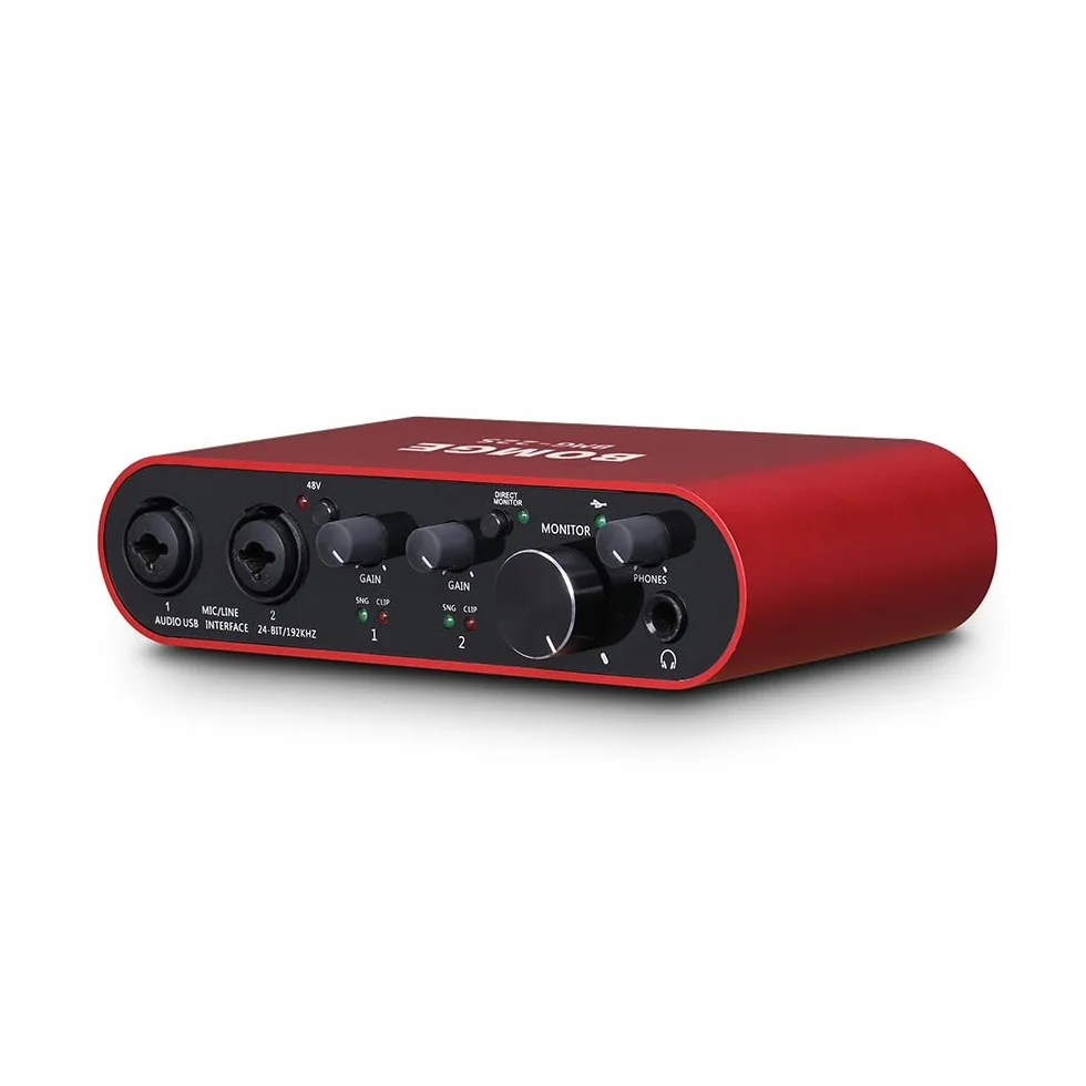 BOMGE Interfaccia audio USB alimentazione phantom XLR/48V, 32bit/192kHz ad alta fedeltà, per interfaccia mixer audio da studio per chitarristi, cantanti, podcaster, produttori, plug and play