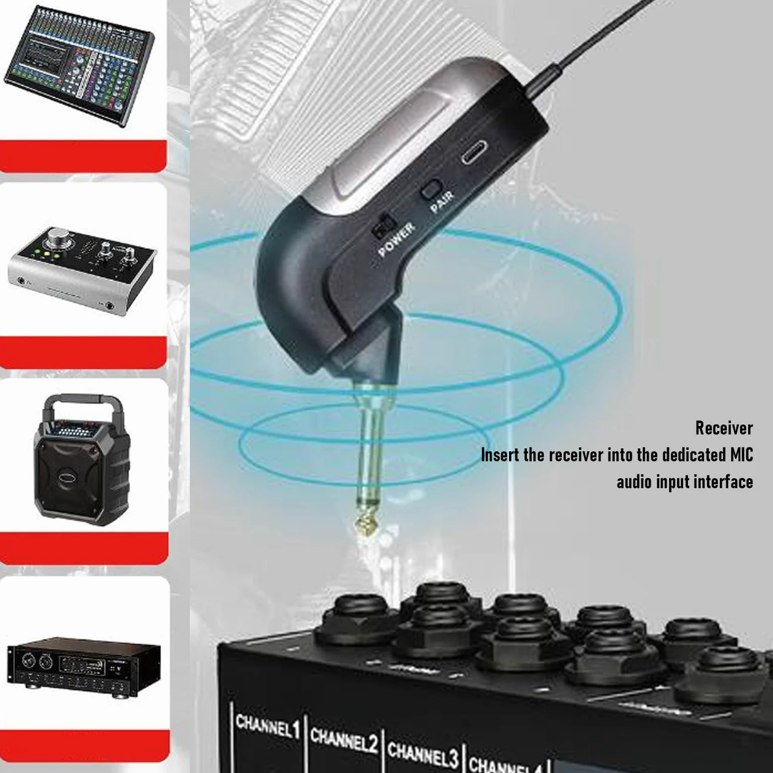 Microfono Wireless per Fisarmonica UHF, Microfono per Prelievo di Strumenti con Ricevitore, Portata di 30 M, Durata della Batteria di 6 Ore