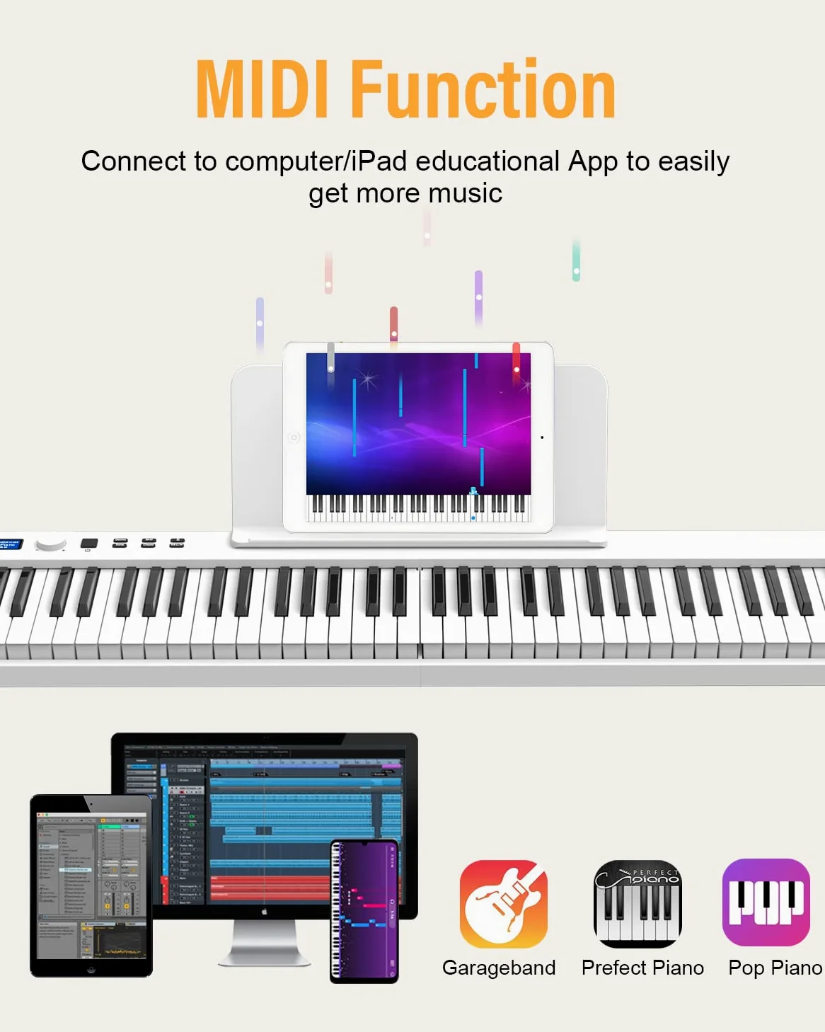 Piano con 88 tasti, pianoforte pieghevole con schermo LCD e tasti semi-ponderati, supporto MIDI Bluetooth, tastiera digitale con tasca per pianoforte, regalo di compleanno (bianco)
