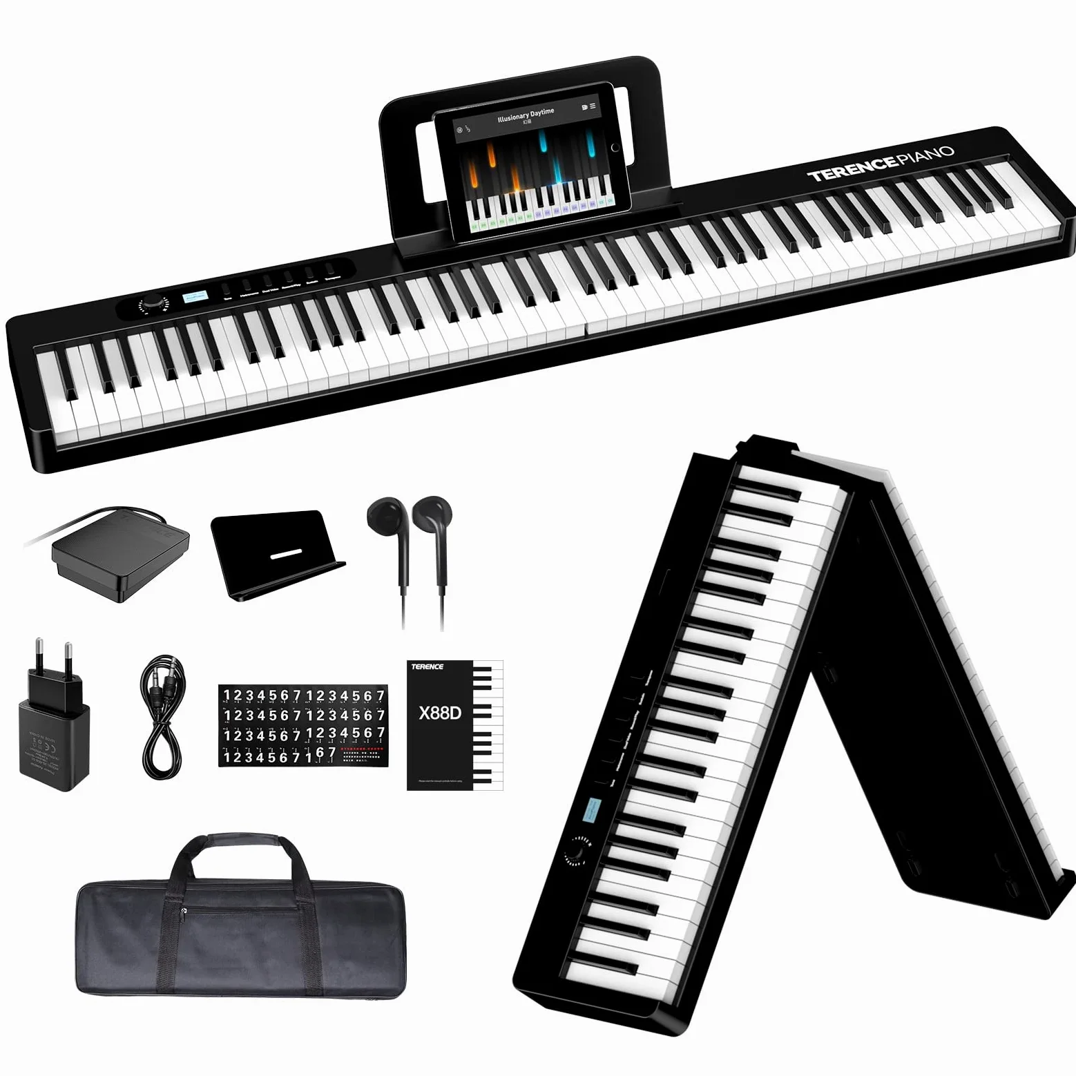 TERENCE Pieghevole Pianoforte Digitale 88 Tasti semi-pesati con batteria da 1750 mAh Bluetooth e interfaccia MIDI, supporto per spartiti Borsa adesiva Cavo audio con Pedale di sostegno (X88D)