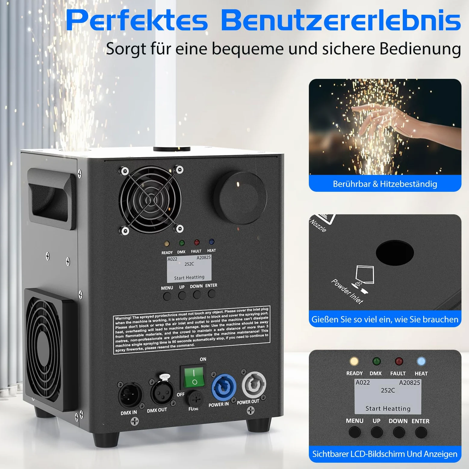 800 W macchine pirotecniche, 2 macchine DMX Cold Spark con riscaldamento a resistenza per feste, Natale, DJ, matrimoni, eventi sportivi