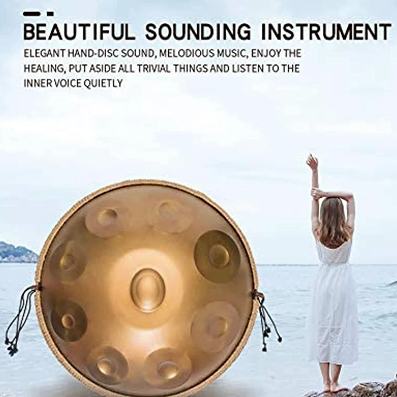 Tamburo in acciaio 432 Hz 9 note 22 pollici "Gold Performer" in re minore con supporto Handpan e custodia