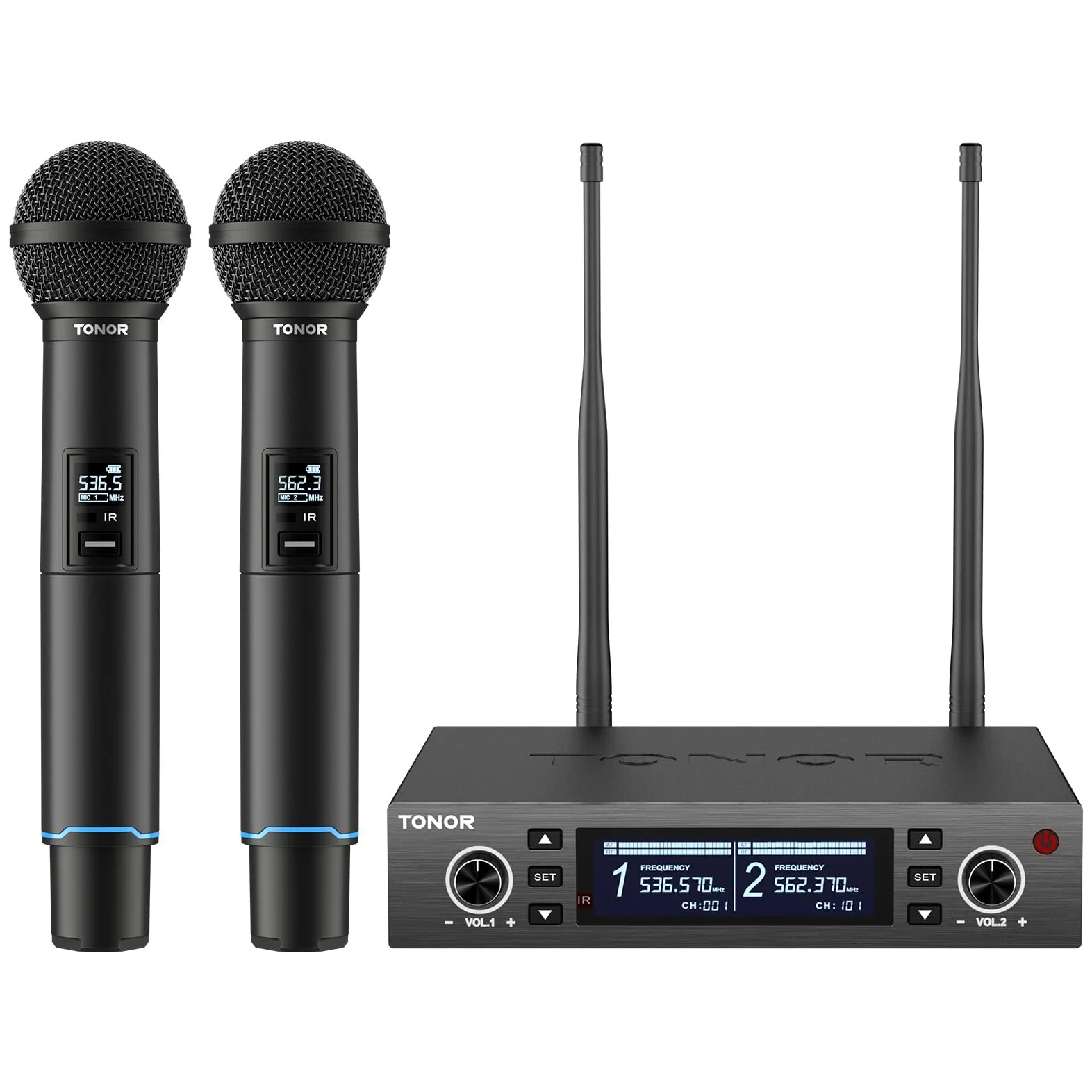 TONOR sistema microfono wireless, microfono ricaricabile professionale, microfono dinamico cordless in metallo 2x100 UHF per karaoke, chiesa, canto, matrimonio, riunione, DJ, Auto Scan, 100M, TW750