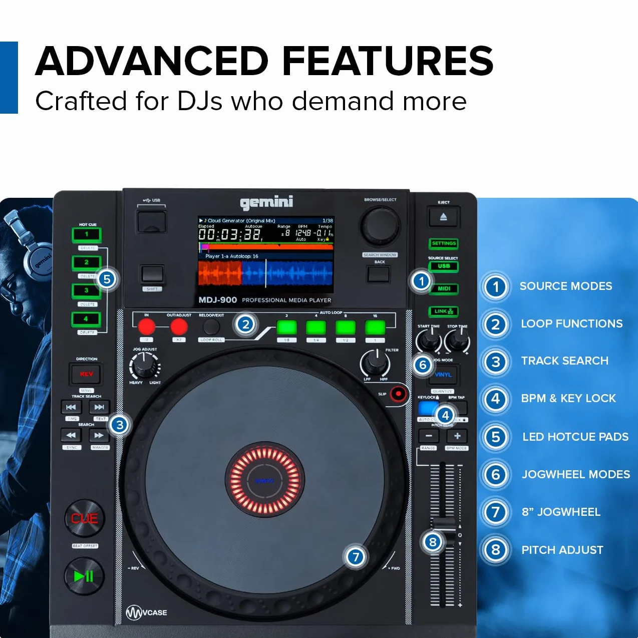 Gemini Sound MDJ-900 - Player Multimediale USB Professionale con Ampio Schermo da 8 "E Ruota Jog Touch-Sensitive