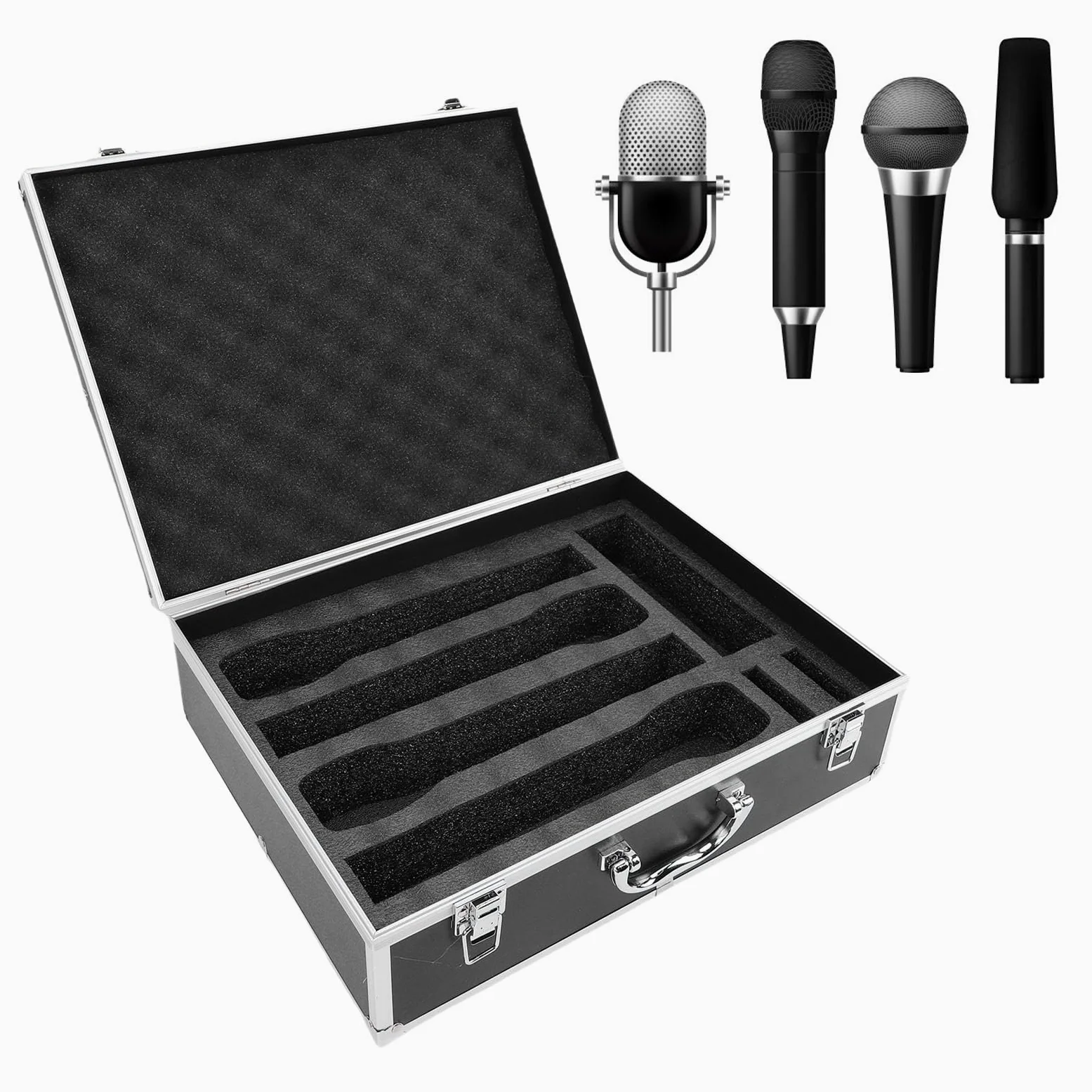 Custodia per microfono wireless, custodia rigida in alluminio per 4 microfoni, ricevitori, trasmettitori con rivestimento in schiuma