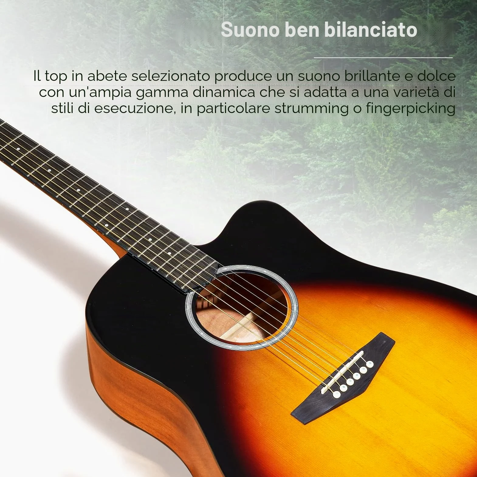 Vangoa 4/4 Chitarra Acustica Kit Abete Rosso Legno Dreadnought Chitarra Folk Acustiche per Principianti Adulto Studente con Borsa Corde Plettri Capotasto Cinghia, Lucido, Sunburst