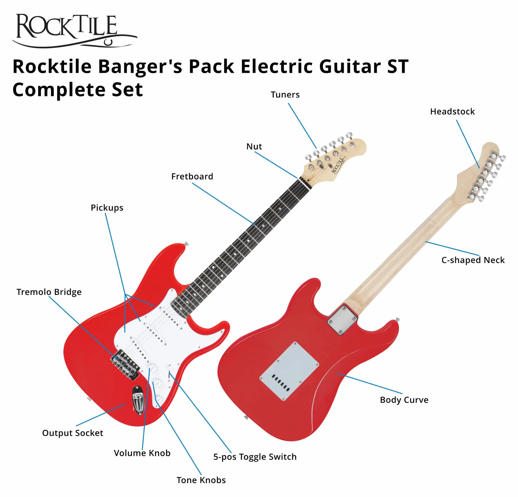 Set Chitarre Elettrica Rocktile Banger's Pack Red con Amplificatore | Chitarra Elettrica, Chitarra Rocktile ST-Style, Finitura Red, 3 pickup Single-Coil, Selettore a 5 vie, Leva tremolo, 5 x 4 cm
