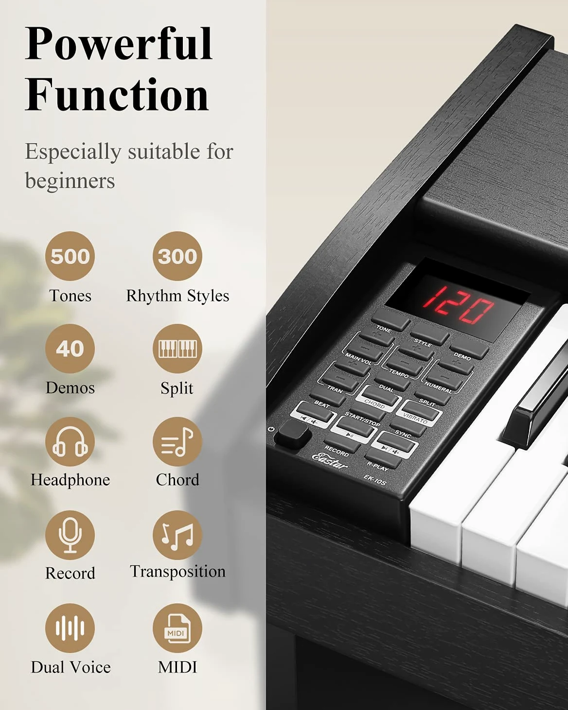Eastar EK-10S Tastiera Musicale Pianoforte, 61 Tasti Dimensioni Standard Elettronica Pianola Verticale per i Principianti con Pedale Sustain e Libro Musicale Stand, Essenziale Regalo