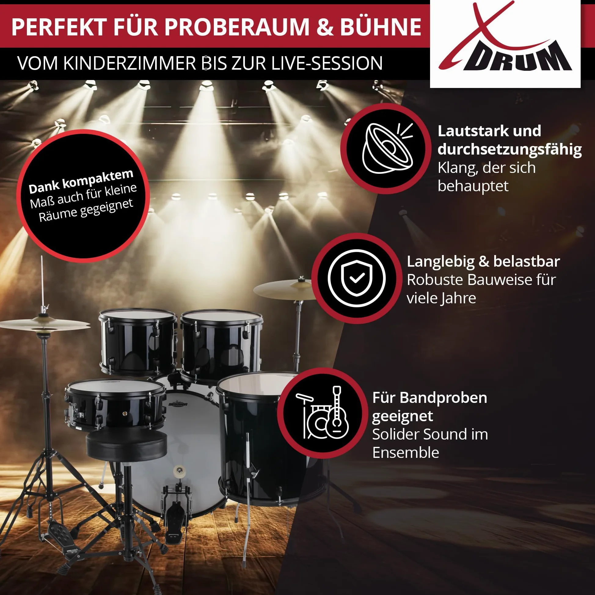 XDrum Rookie 22" Fusion Batteria Completa Black - Ideale per Principianti - Hardware Elegante in nero - Incl. Bacchette, Istruzioni di Montaggio e Scuola di Batteria - Nero