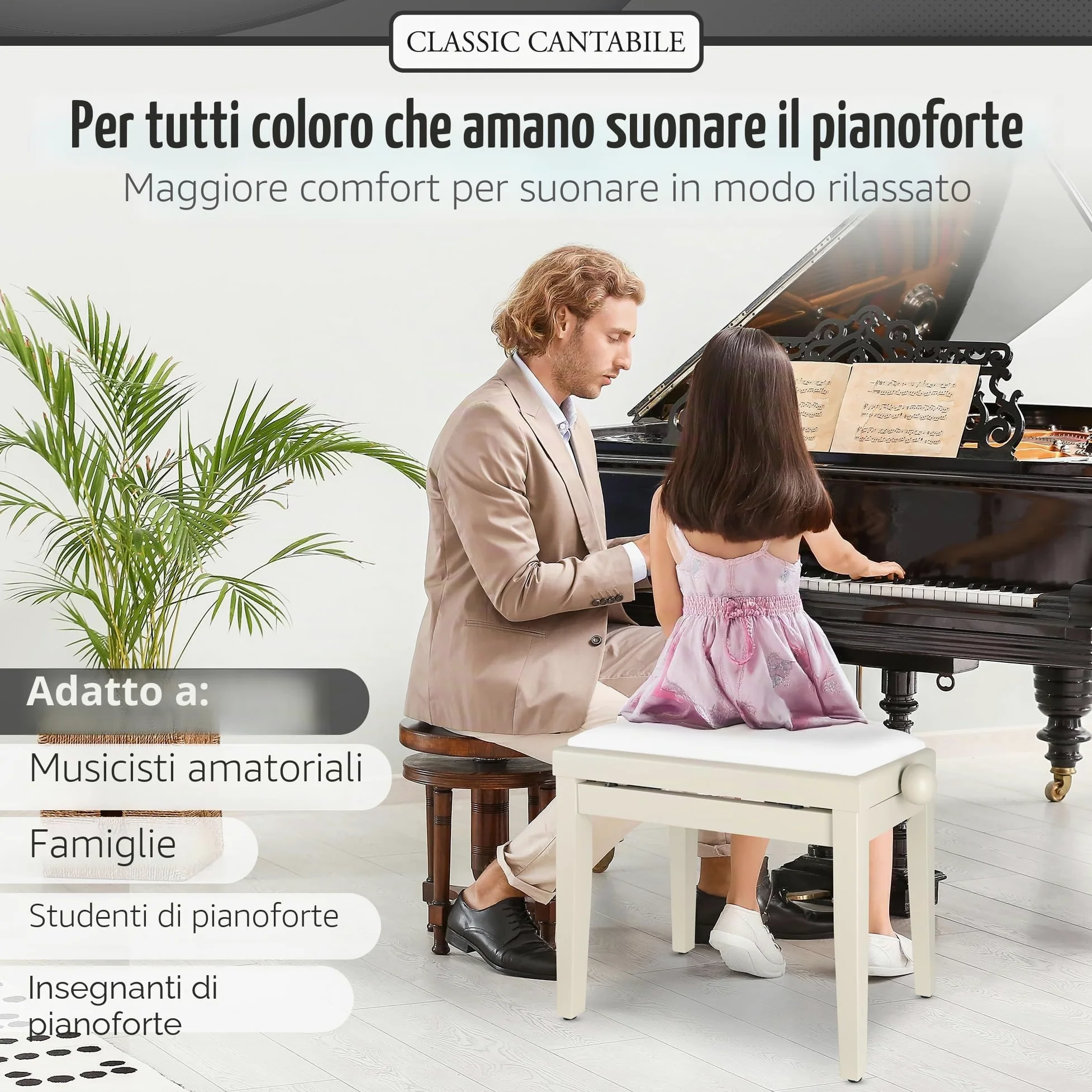 Classic Cantabile Panca per pianoforte frassino bianco opaco