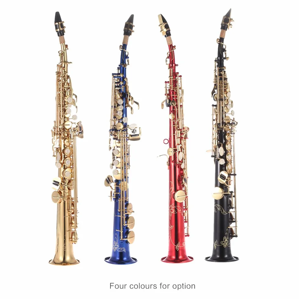 HUIOP Ottone Dritto Sax Soprano Sassofono Sib B Strumento a fiato Piatto Conchiglia Naturale Modello Intagliato con Custodia Guanti Panno per la Pulizia Cinghie Asta per la Pulizia