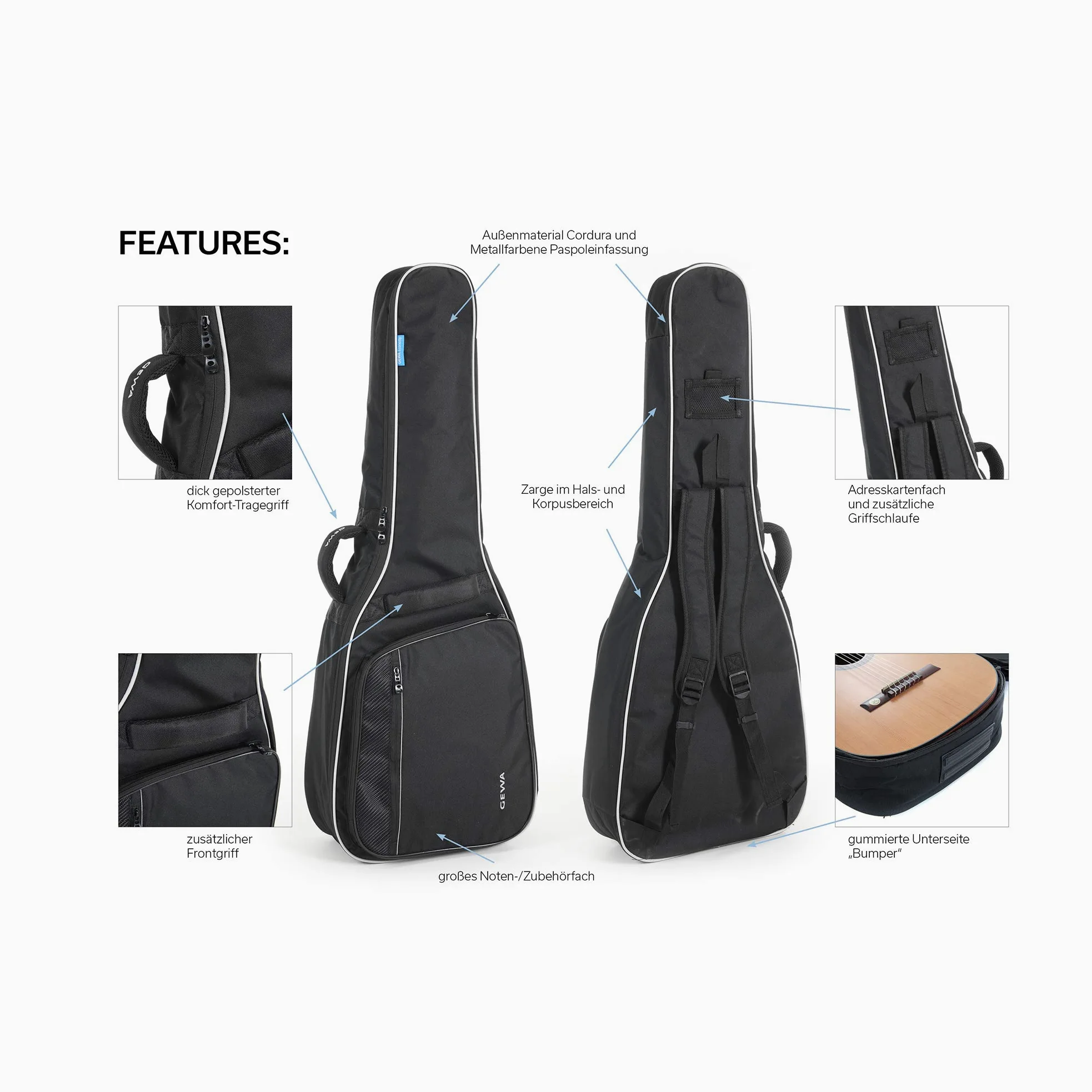 GEWA Borsa per chitarra Economy 12mm per chitarra classica 1/2 nero (antistrappo e impermeabile, imbottitura 12mm, cinghie di lusso per zaino, ampio scomparto per accessori) 212120