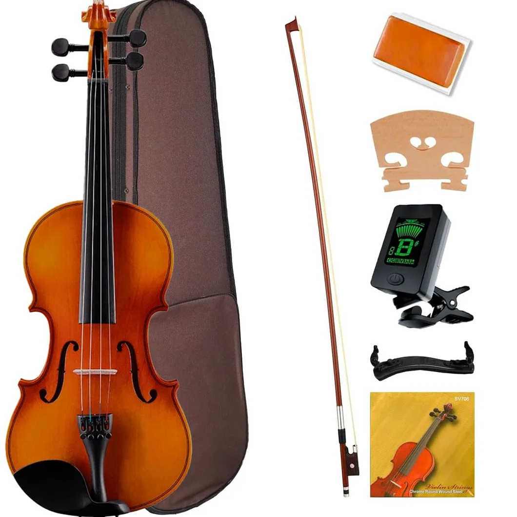 Set Completo Violino 3/4 con Archetto, Custodia, Spalliera, Corde di Ricambio e Accordatore - Ideale per lo Studio e Uso Scolastico