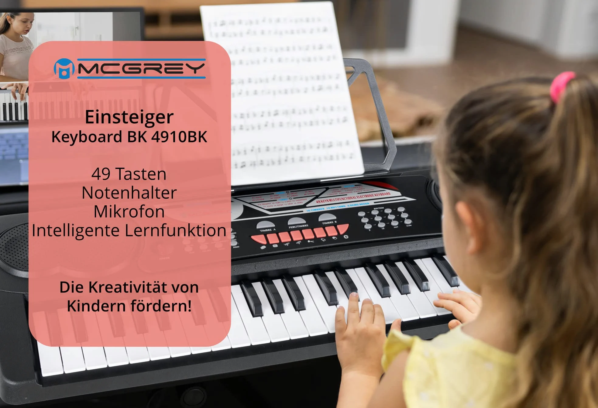 McGrey BK-4910BK Set Keyboard per principianti - 49 tasti, 16 suoni, 10 ritmi, 8 suoni percussivi e 6 demo - incl. microfono, leggio e cuffie - nero