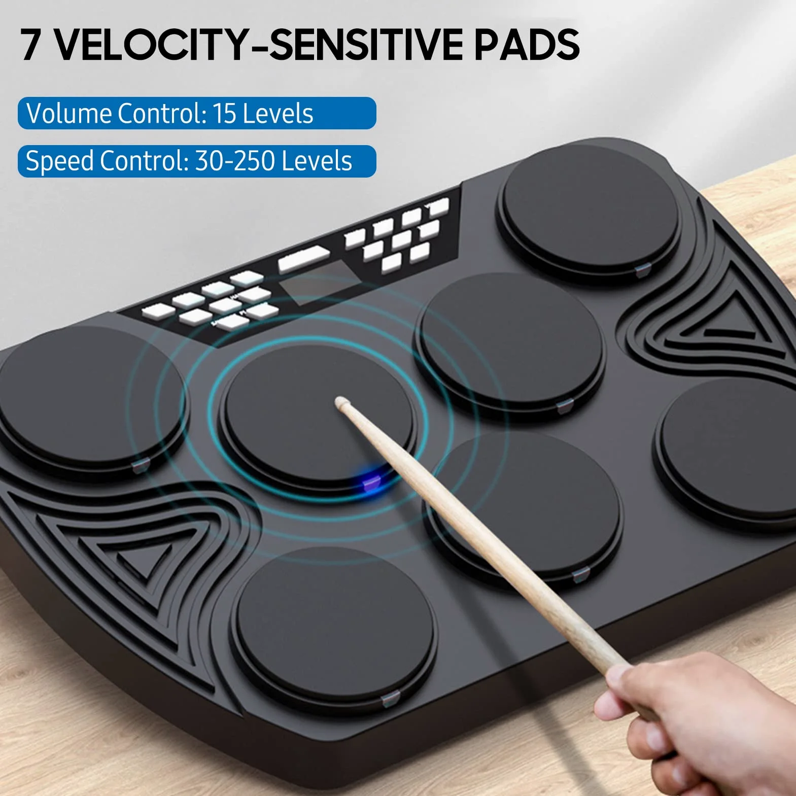 Electronic Drum Kit,Batteria elettronica portatile multifunzione Set 7 pad sensibili alla velocità Tamburo da tavolo 2 altoparlanti integrati Stereo ricaricabile Supporto per pad del tamburo pe