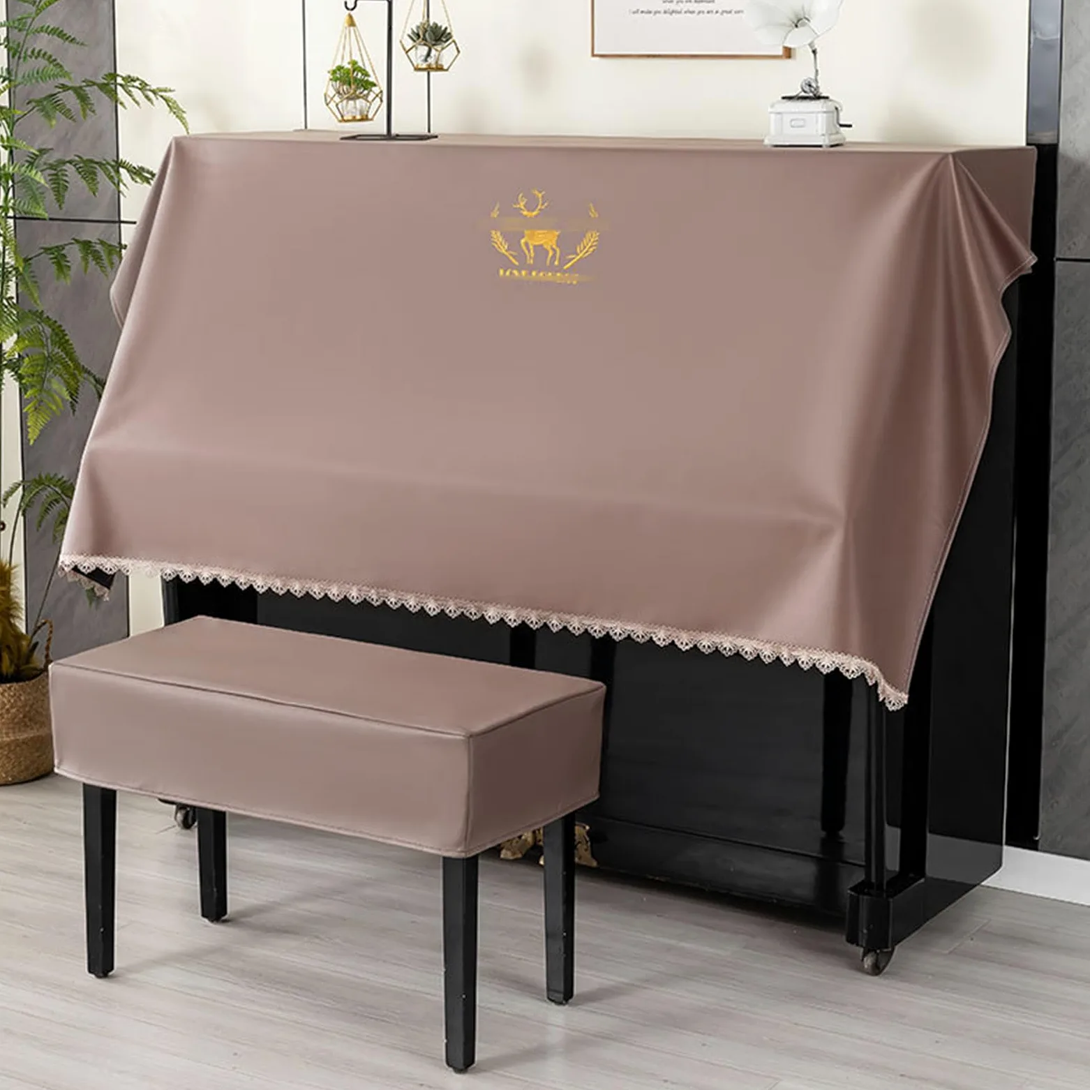 Telo Copri-Polvere per Pianoforte, Copri-Tasti per Pianoforte, Copri-Sgabello, Copertura Protettiva Universale per Pianoforte Verticale, Mezza Copertura con Ricamo di Cervo, Copertura protet