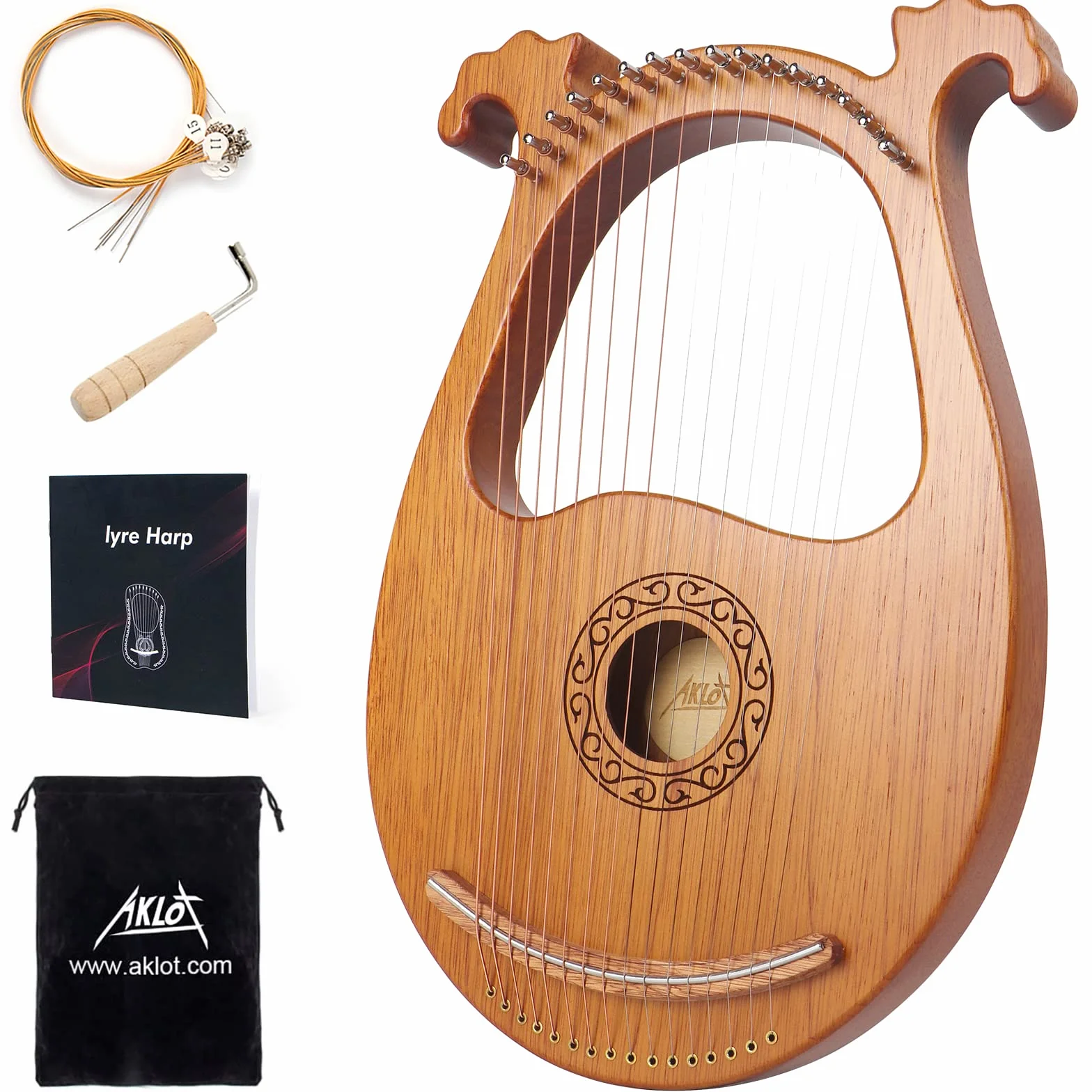 Lyre Harp,AKLOT Arpa a Lira a 16 corde sorriso del cervo lyras harps corpo in mogano e sella in rame con chiave per accordare, corde di ricambio, borsa manuale
