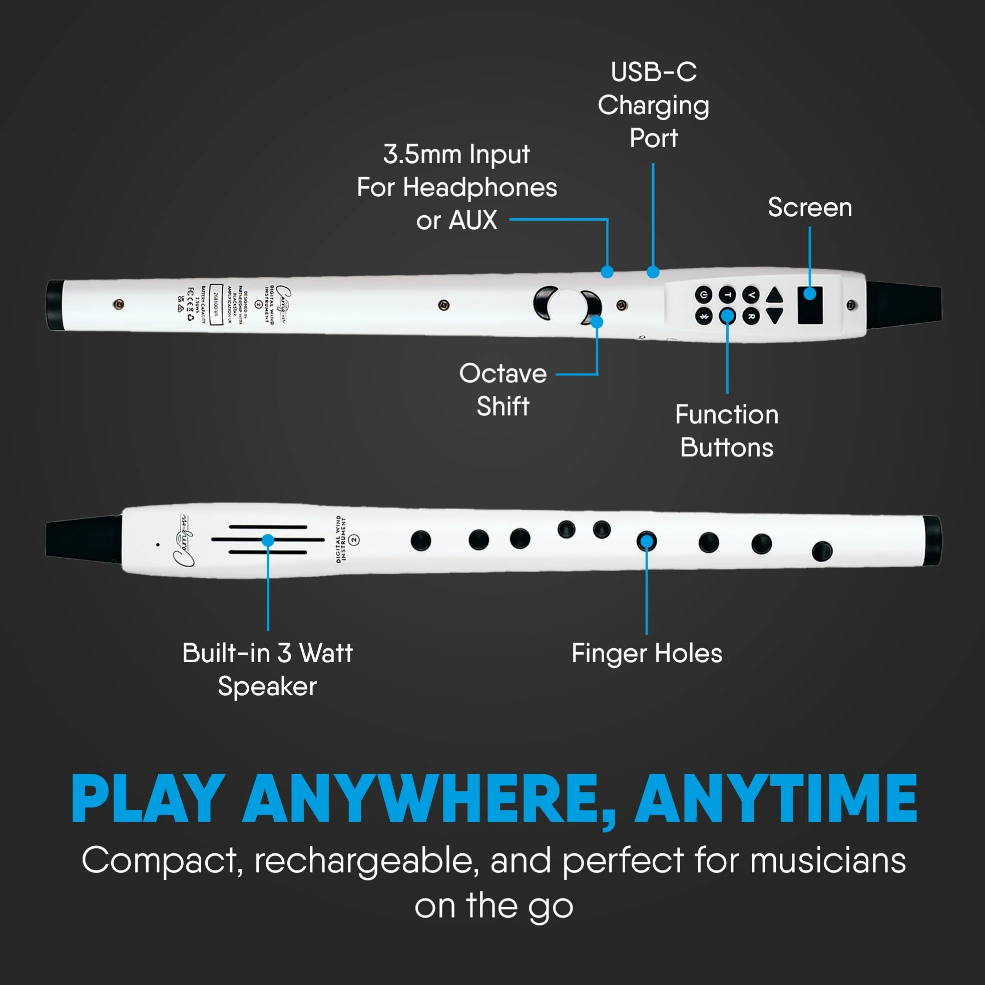 Carry-on Strumento a fiato digitale 2-10 voci, batteria ricaricabile USB integrata, uscita cuffie per pratica silenziosa, registratore digitale Midi Over Bluetooth bianco