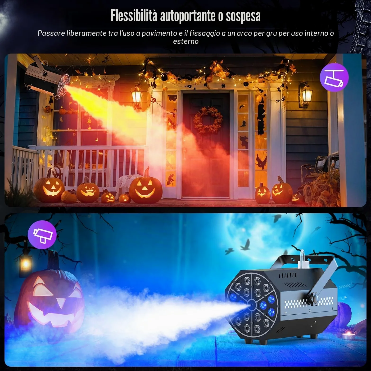 Macchina del fumo, 18 LED RGB con telecomando, LED luminosi, gradiente di colore, salto, impulso, strobo, per feste, Natale, Halloween, DJ, palchi e spazi aperti