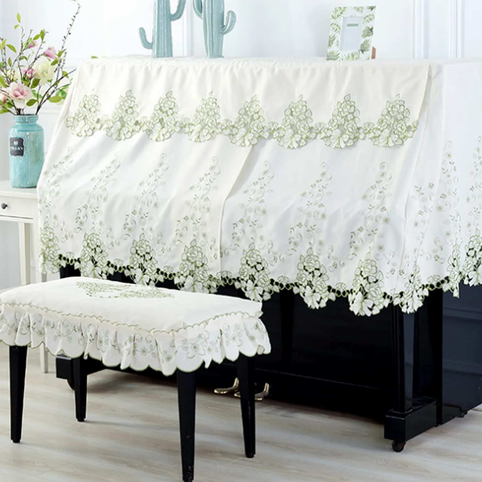 Mezza Copertura per Pianoforte Verticale, Copri Poncho per Pianoforte alla Moda di Lusso, Mezza Copertura Protettiva per Pianoforte Europeo,Green-with Double Stool Cover