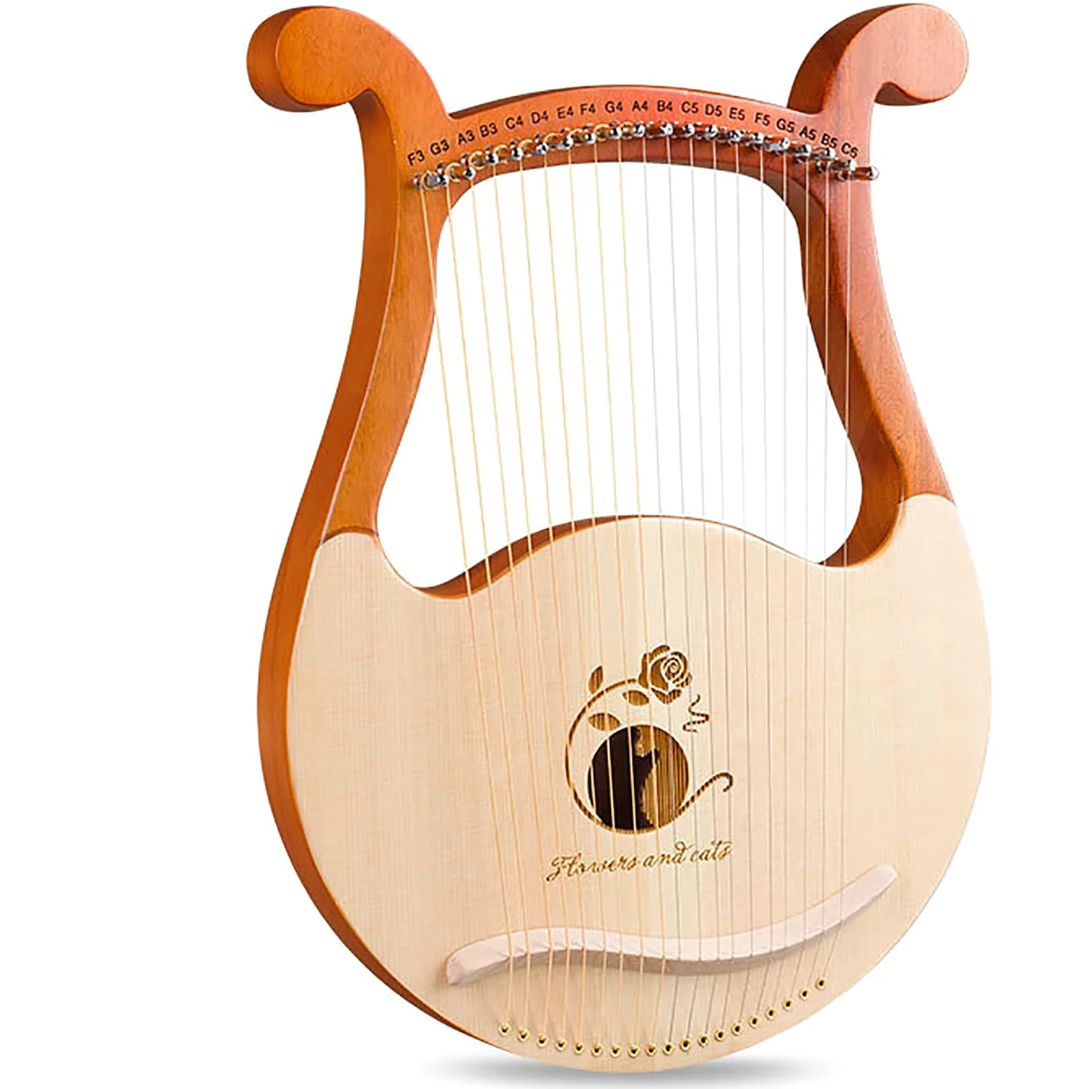 Arpa a lira, strumento musicale portatile a 19 corde, note incise, fori per il suono traforati, corde di ricambio e custodia