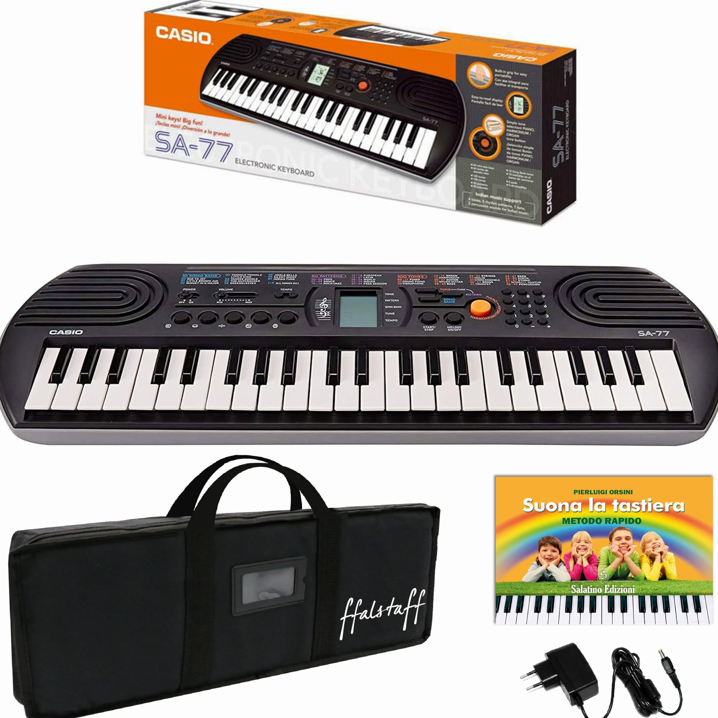 Kit Pianola Tastiera SA 77 (Fondo Grigio) con Borsa ffalstaff imbottita, Alimentatore e E-book "Suona la Tastiera"